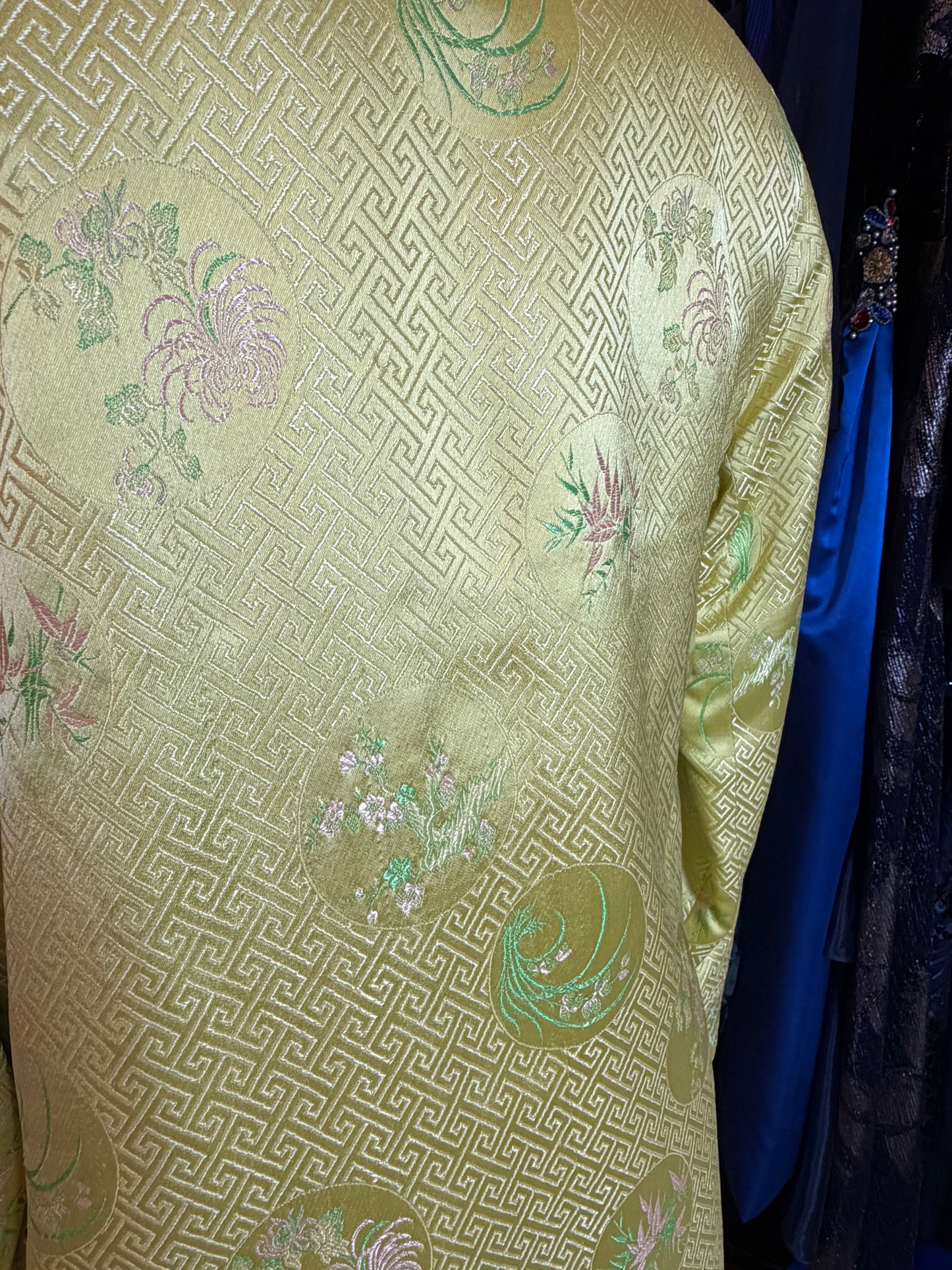 Vintage Gold-Green Silk Brocade Jacket – Embroidered Floral, Frog Closures, Size Medium