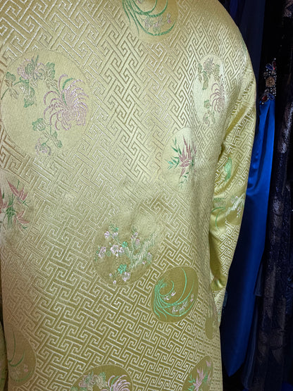 Vintage Gold-Green Silk Brocade Jacket – Embroidered Floral, Frog Closures, Size Medium