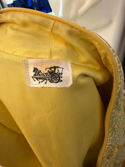 Vintage Gold-Green Silk Brocade Jacket – Embroidered Floral, Frog Closures, Size Medium