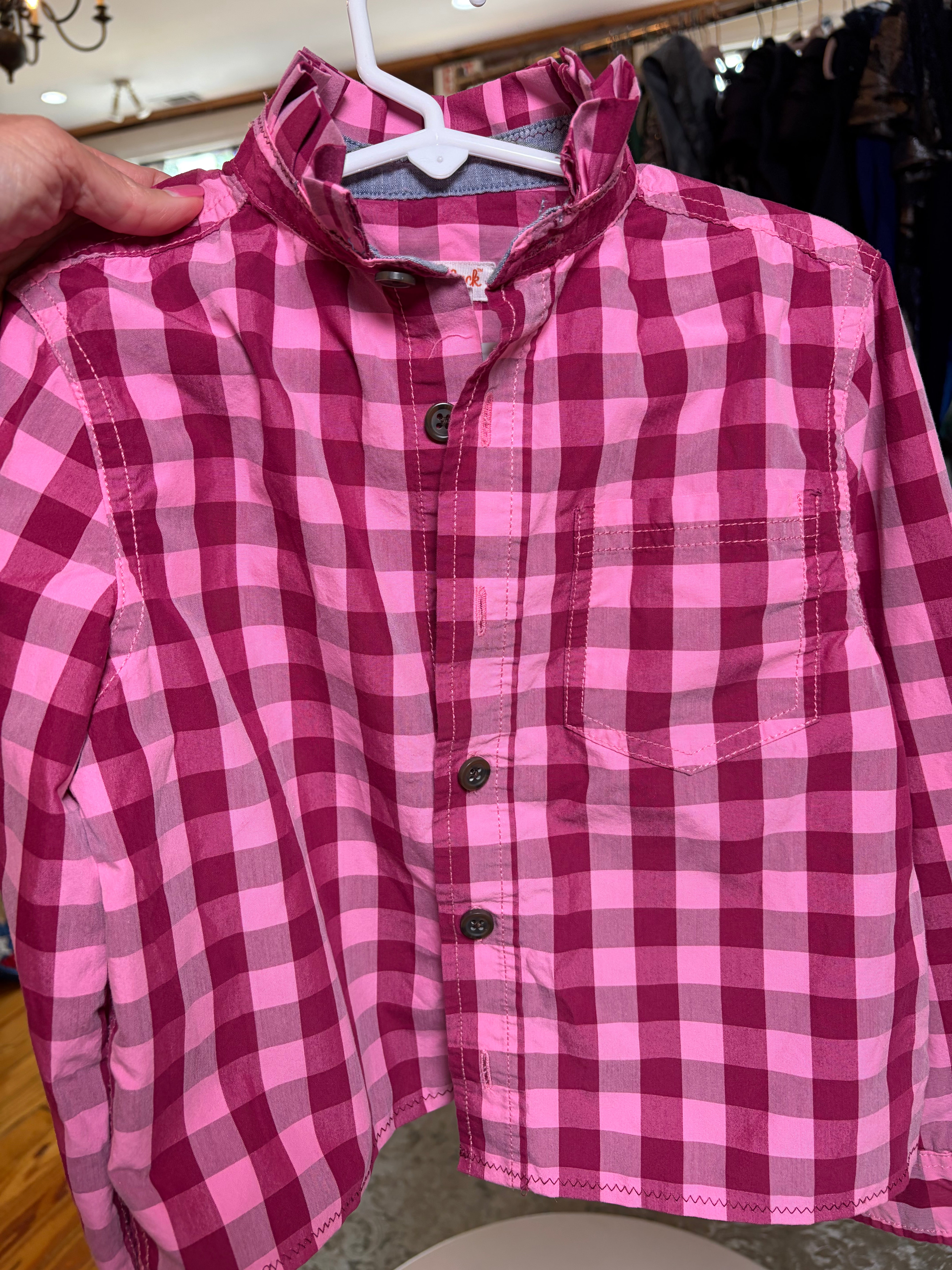 Upcycled Cat & Jack Pink Buffalo Check Ruffle Collar Shirt, Girls 6/7