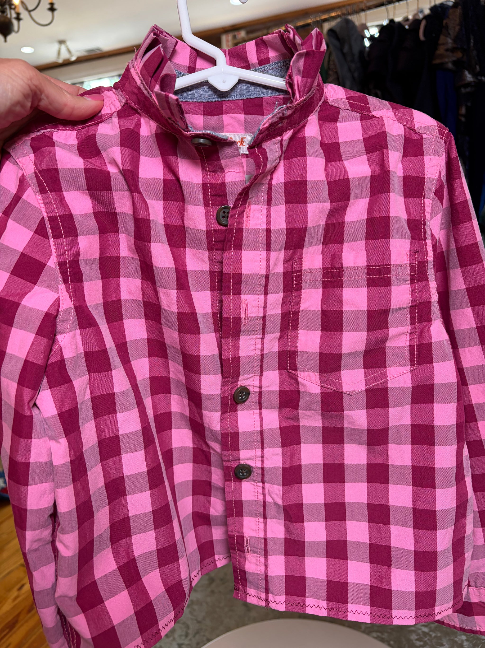 Upcycled Cat & Jack Pink Buffalo Check Ruffle Collar Shirt, Girls 6/7