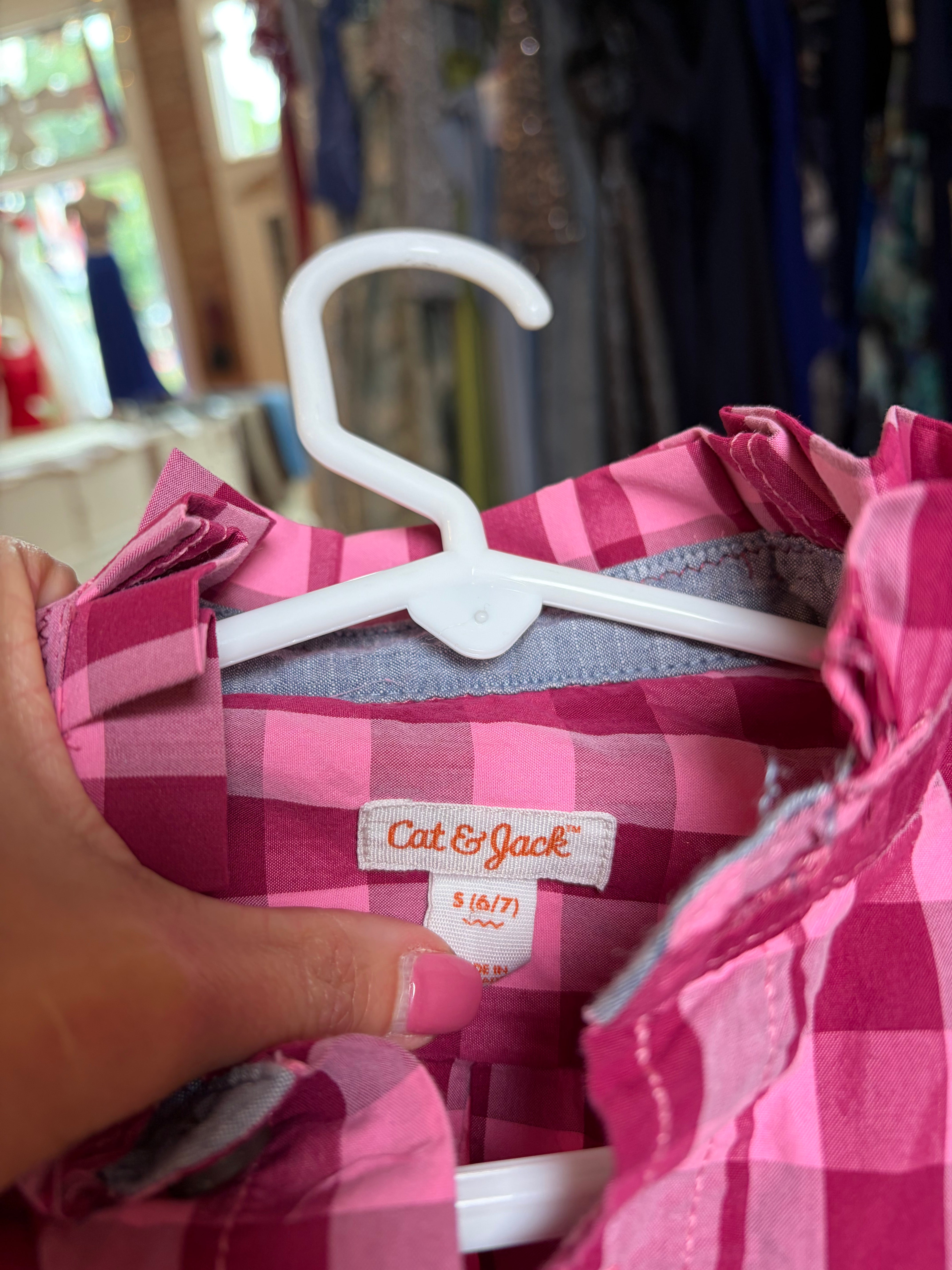 Upcycled Cat & Jack Pink Buffalo Check Ruffle Collar Shirt, Girls 6/7