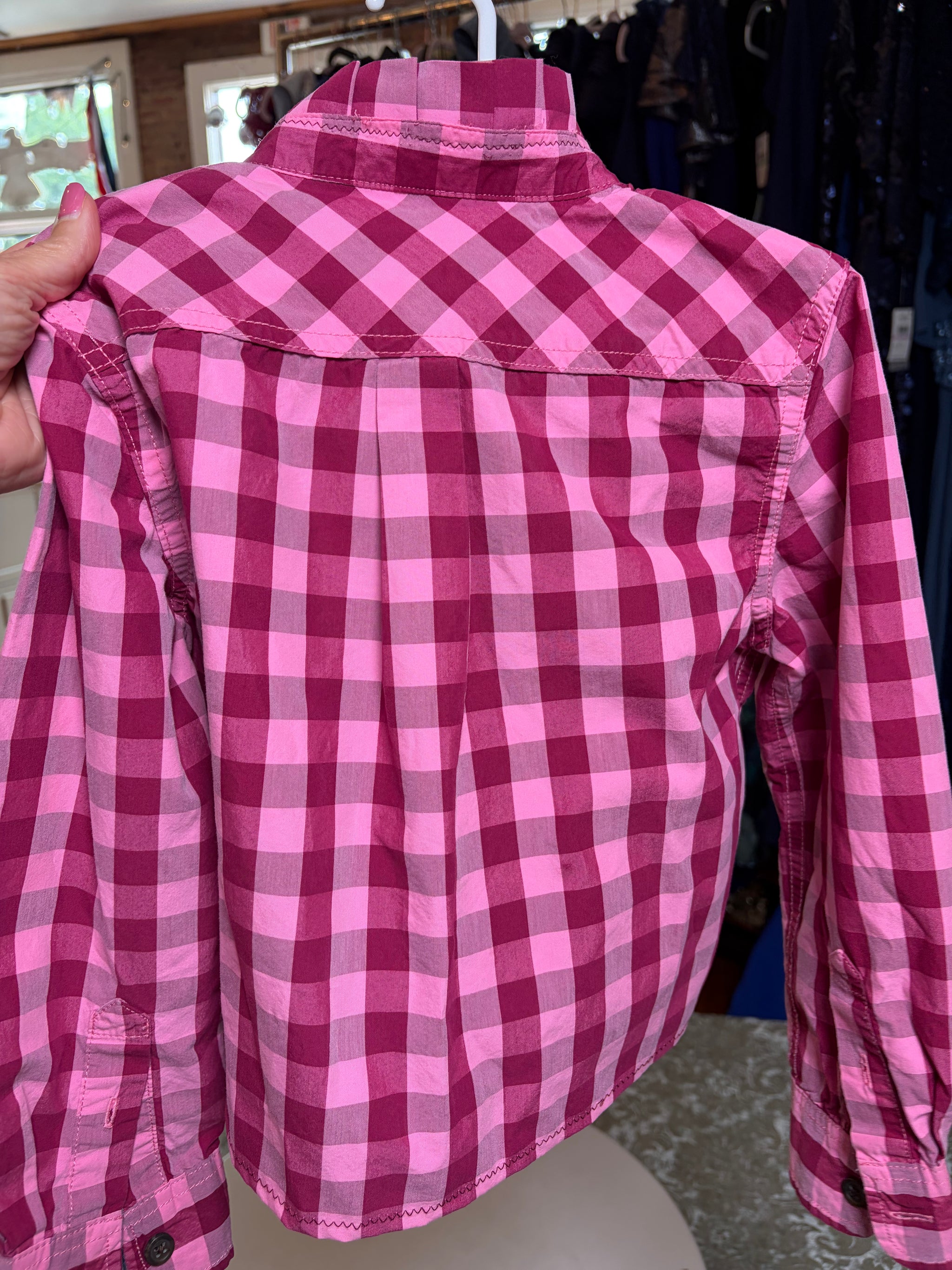 Upcycled Cat & Jack Pink Buffalo Check Ruffle Collar Shirt, Girls 6/7