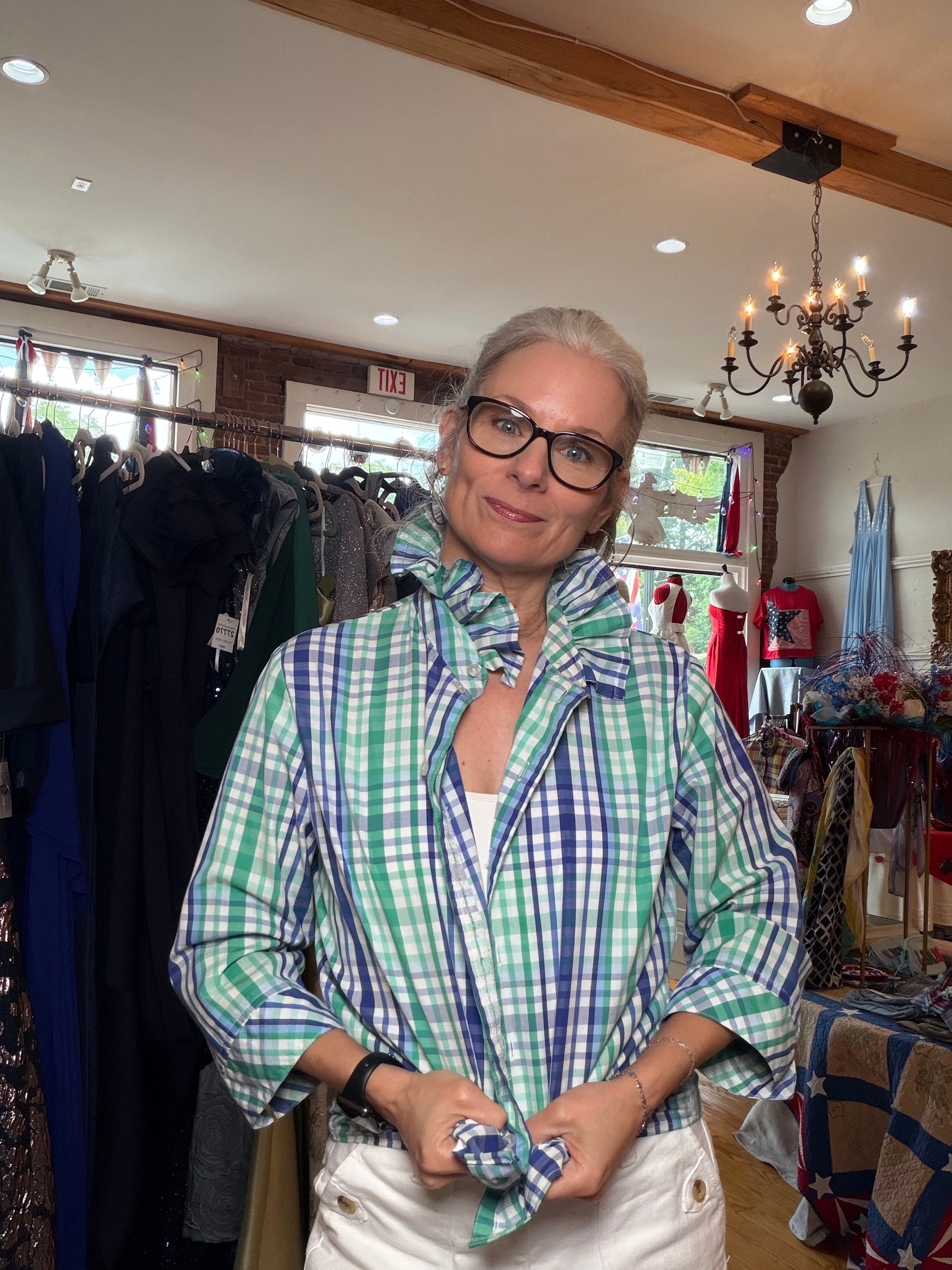 Upcycled green and blue plaid button-down shirt, reworked one of a kind, at Dover Grace Boutique in Watkinsville, Georgia.