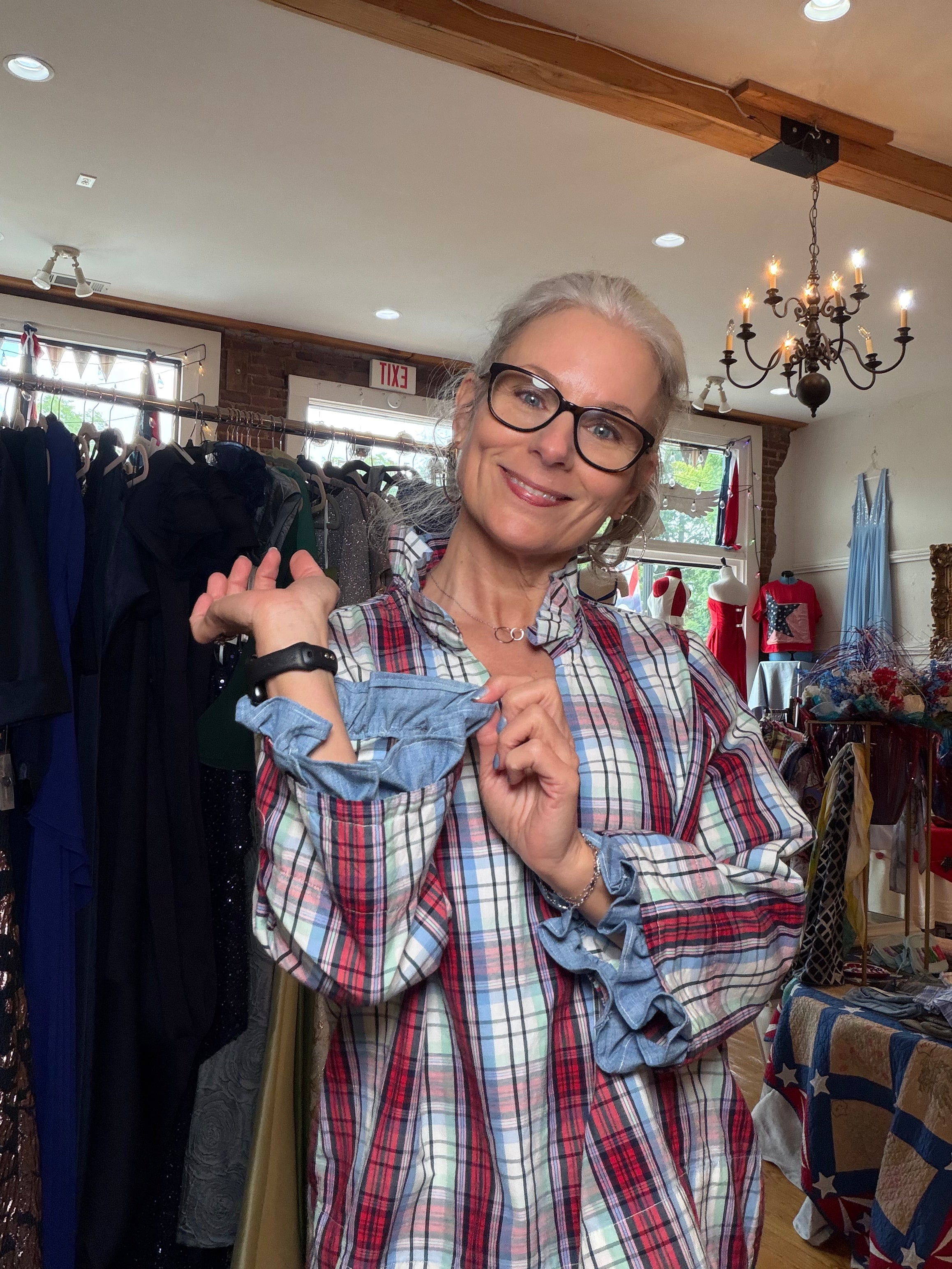 Upcycled plaid shirt with ruffled statement sleeves, reworked one of a kind, at Dover Grace Boutique in Watkinsville, Georgia.