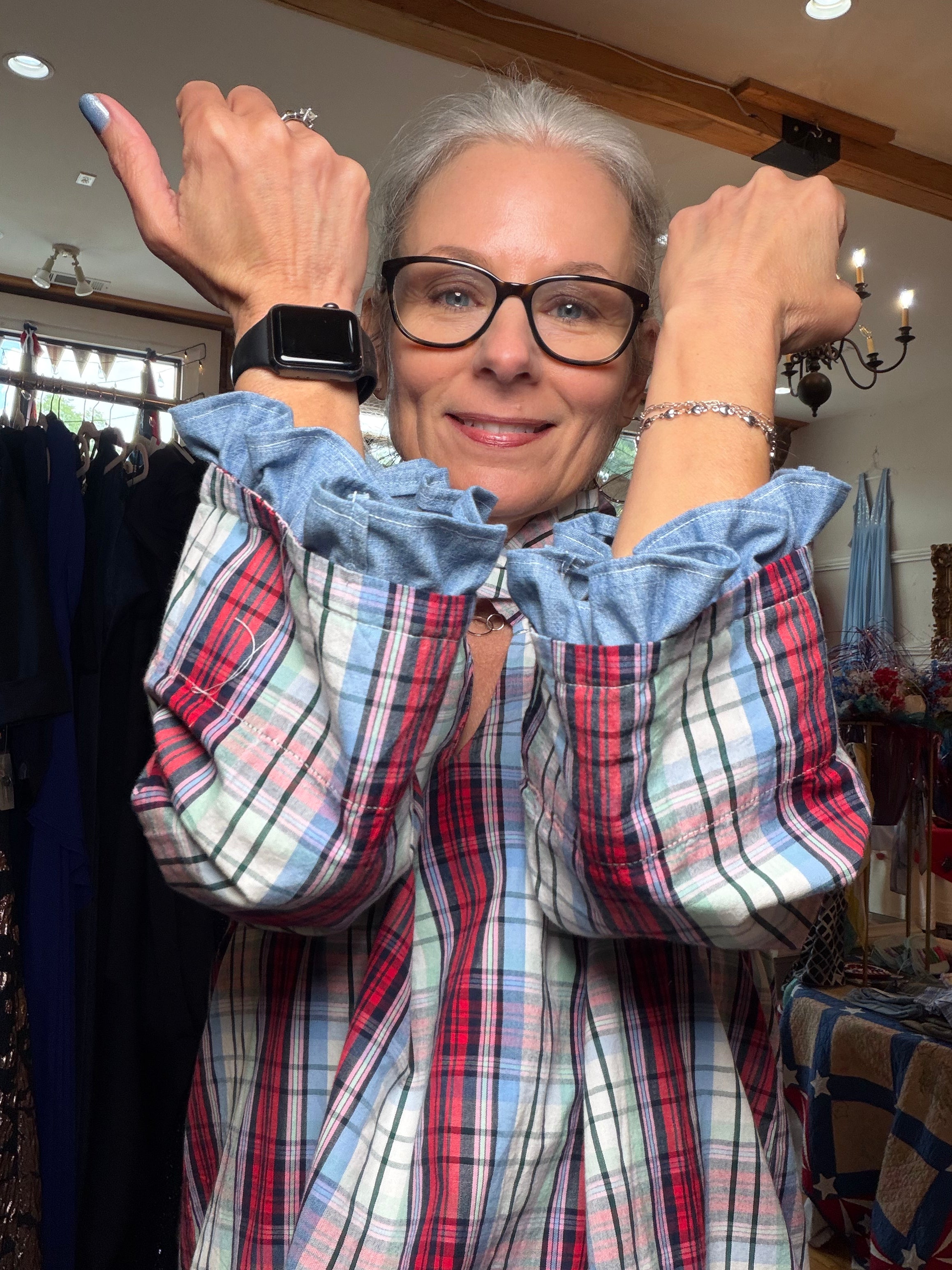 Upcycled plaid shirt with ruffled statement sleeves, reworked one of a kind, at Dover Grace Boutique in Watkinsville, Georgia.