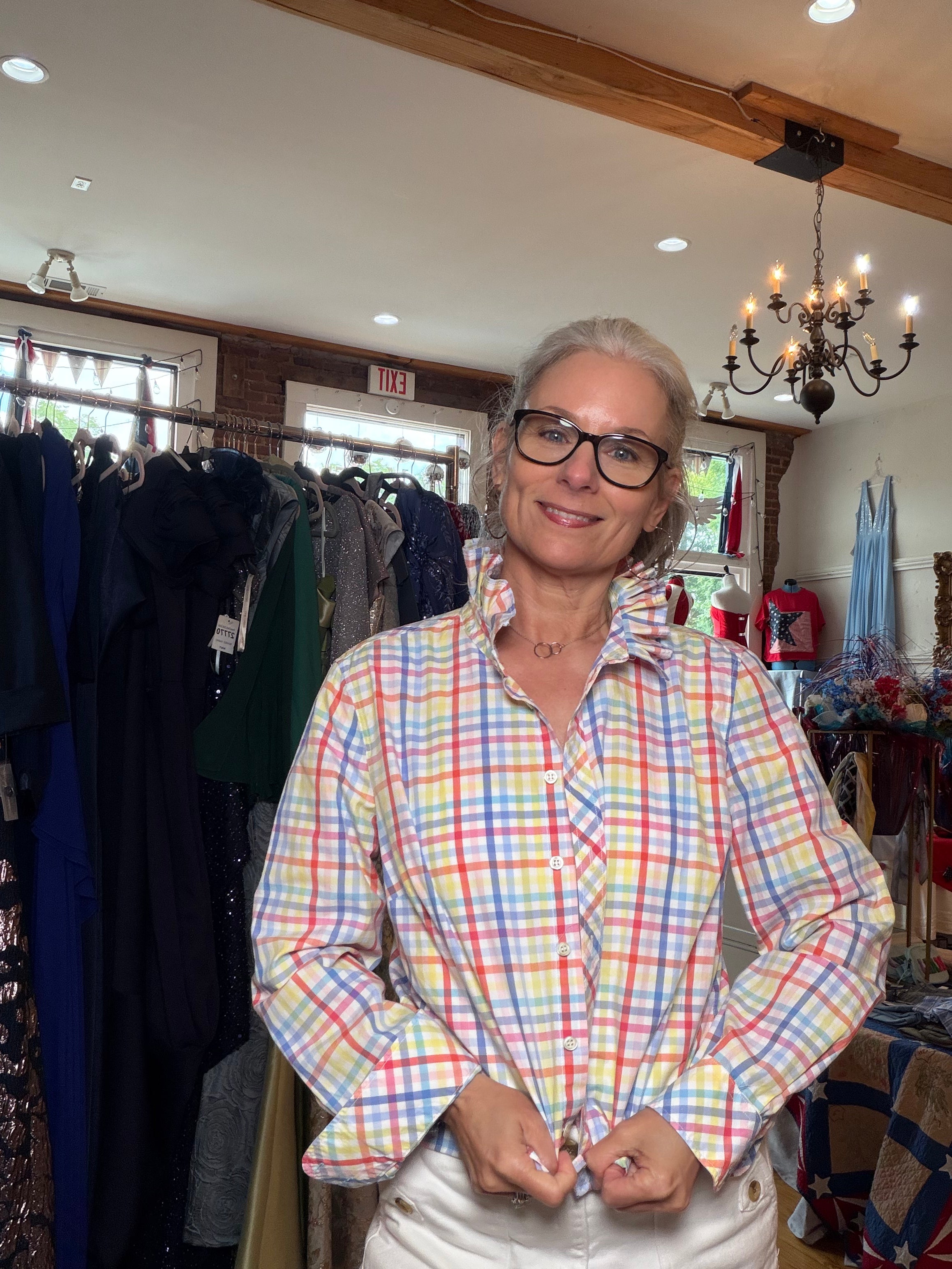 Upcycled bright multicolor check shirt with a ruffled collar, reworked one of a kind, at Dover Grace Boutique in Watkinsville, Georgia.