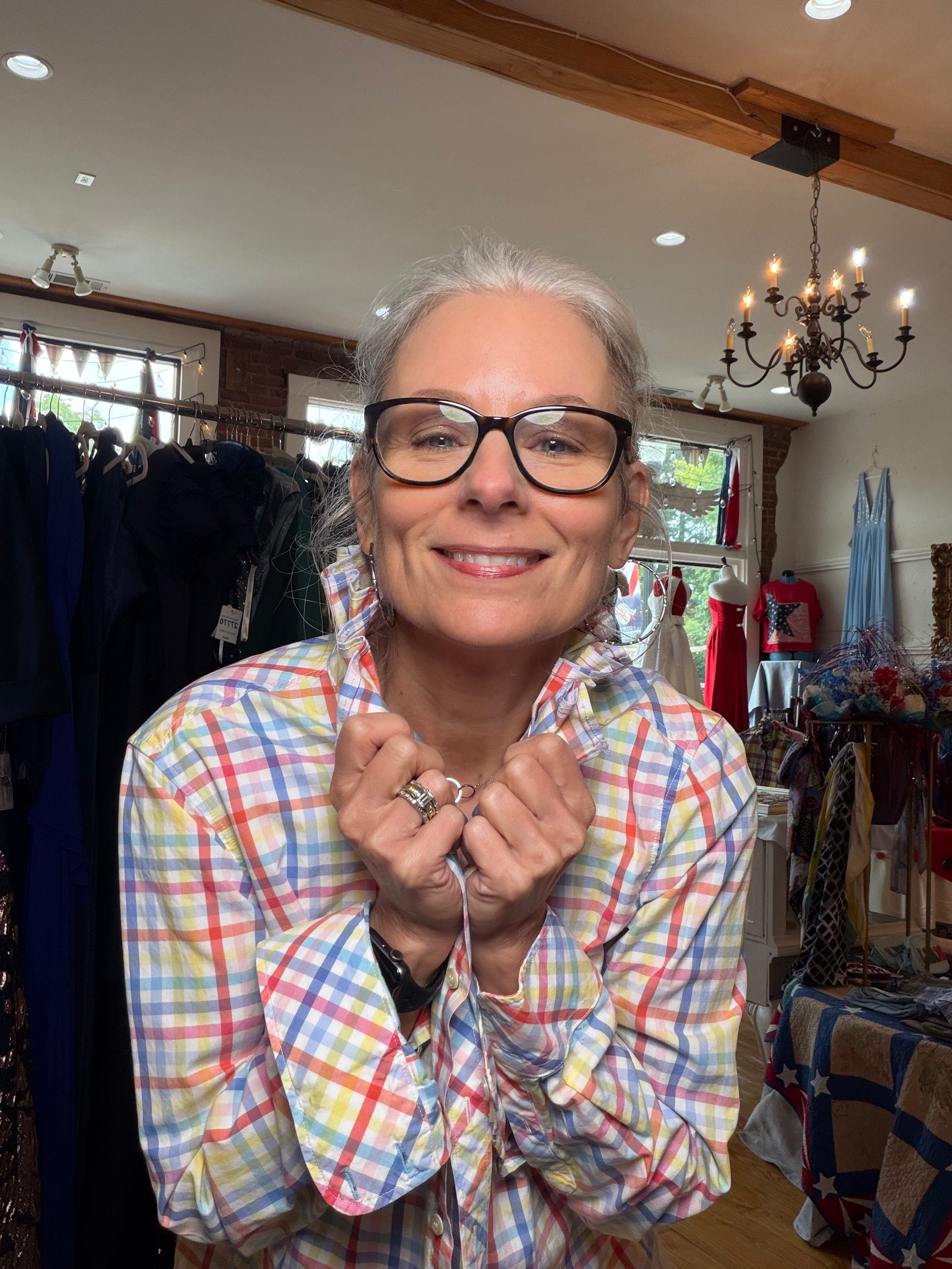 Reworked colorful check button-down, a cheerful one of a kind upcycled piece from Dover Grace Boutique in Watkinsville, Georgia.