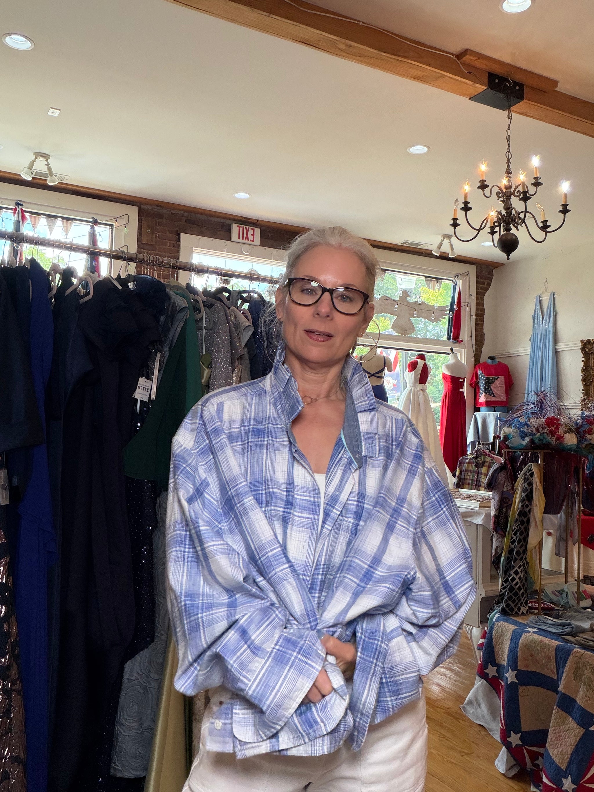 Upcycled blue and white plaid shirt with a pleated collar, reworked one of a kind, at Dover Grace Boutique in Watkinsville, Georgia.