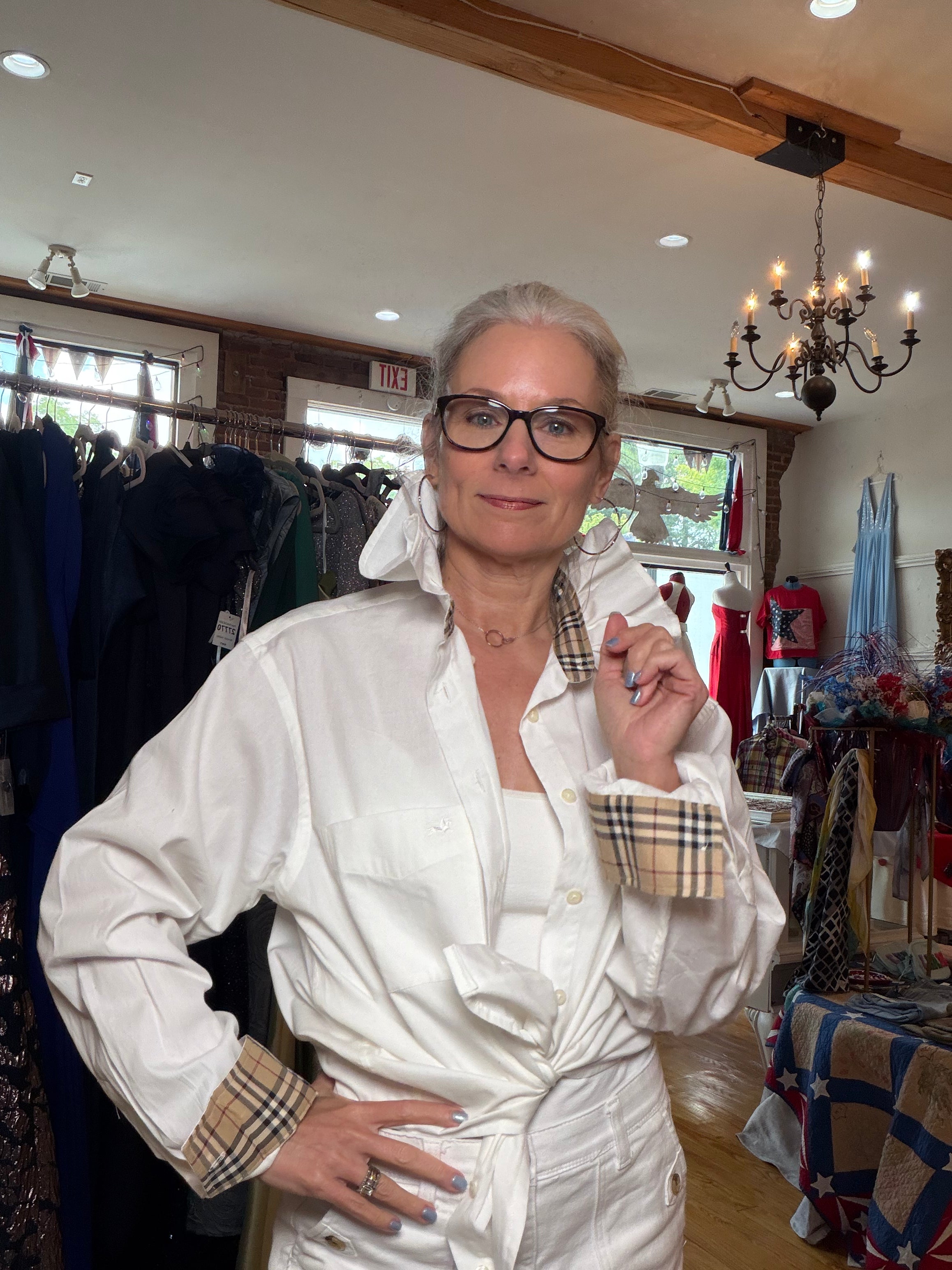 Reworked white button-down with warm camel check contrast detailing, a one of a kind upcycled piece from Dover Grace Boutique in Watkinsville, Georgia.