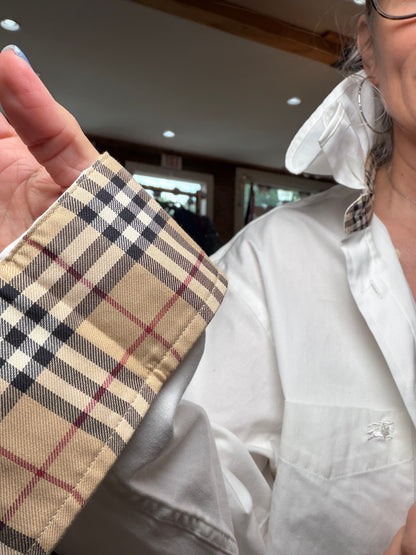 Reworked white button-down with warm camel check contrast detailing, a one of a kind upcycled piece from Dover Grace Boutique in Watkinsville, Georgia.