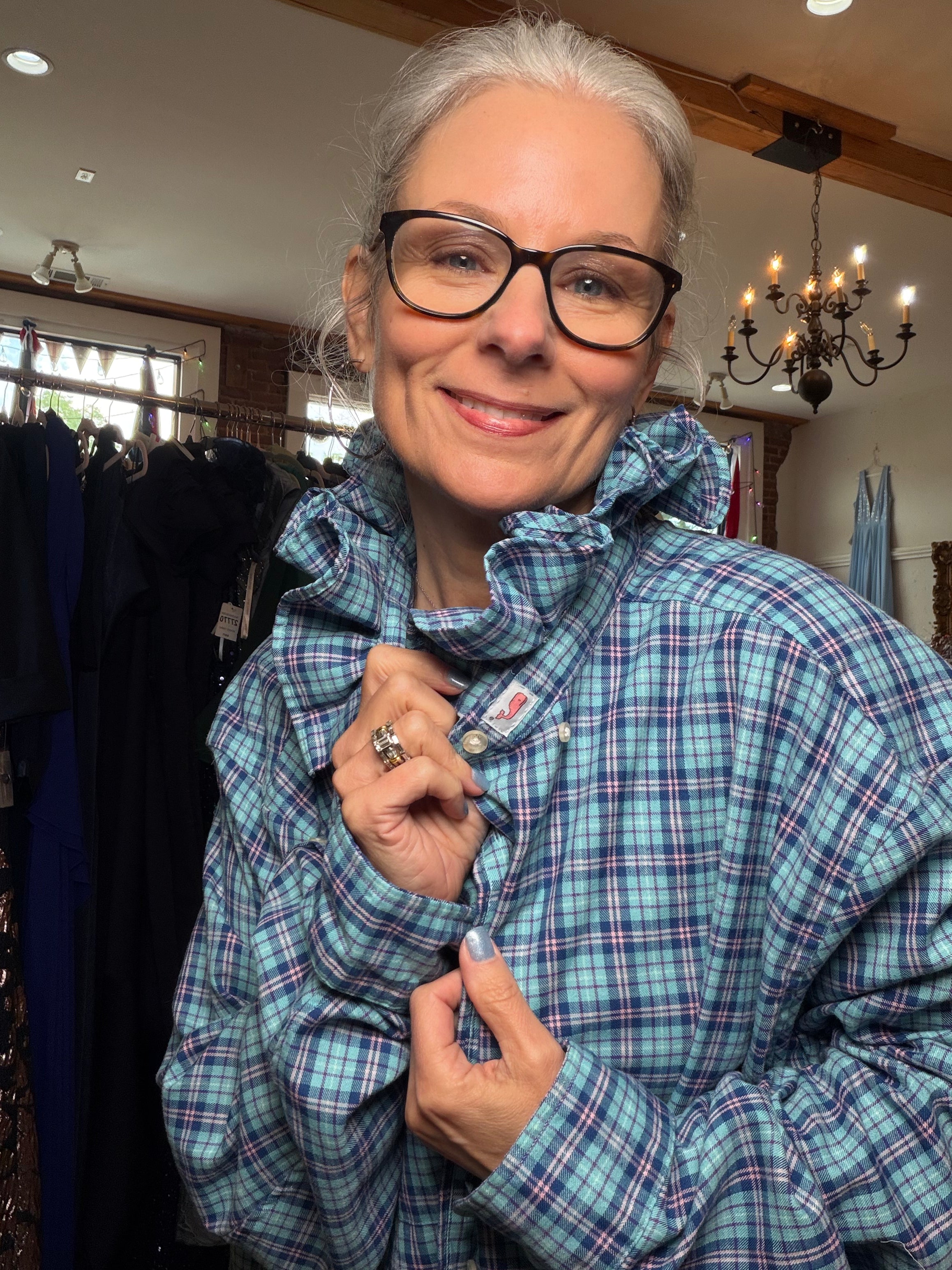Reworked blue plaid button-down, a one of a kind upcycled piece from Dover Grace Boutique in Watkinsville, Georgia.