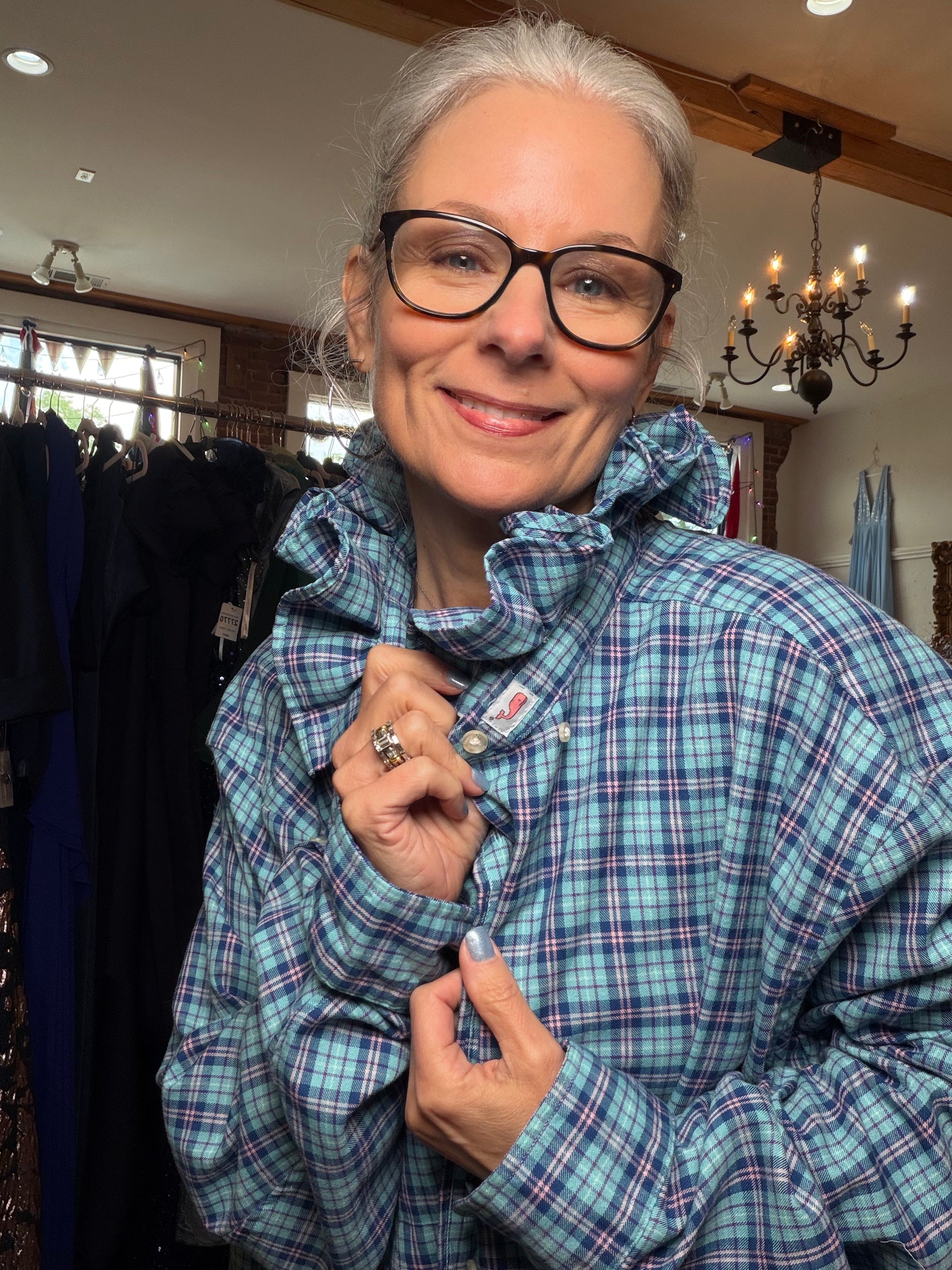 Reworked blue plaid button-down, a one of a kind upcycled piece from Dover Grace Boutique in Watkinsville, Georgia.