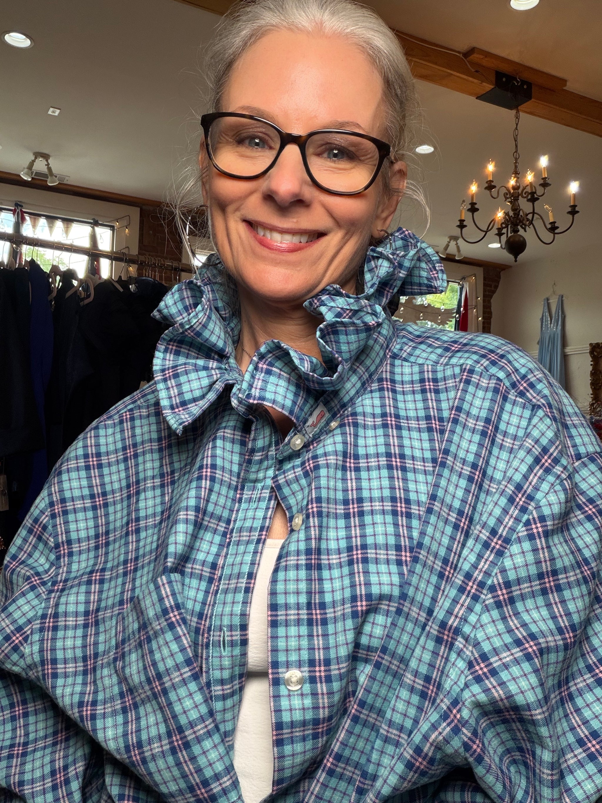 Reworked blue plaid button-down, a one of a kind upcycled piece from Dover Grace Boutique in Watkinsville, Georgia.