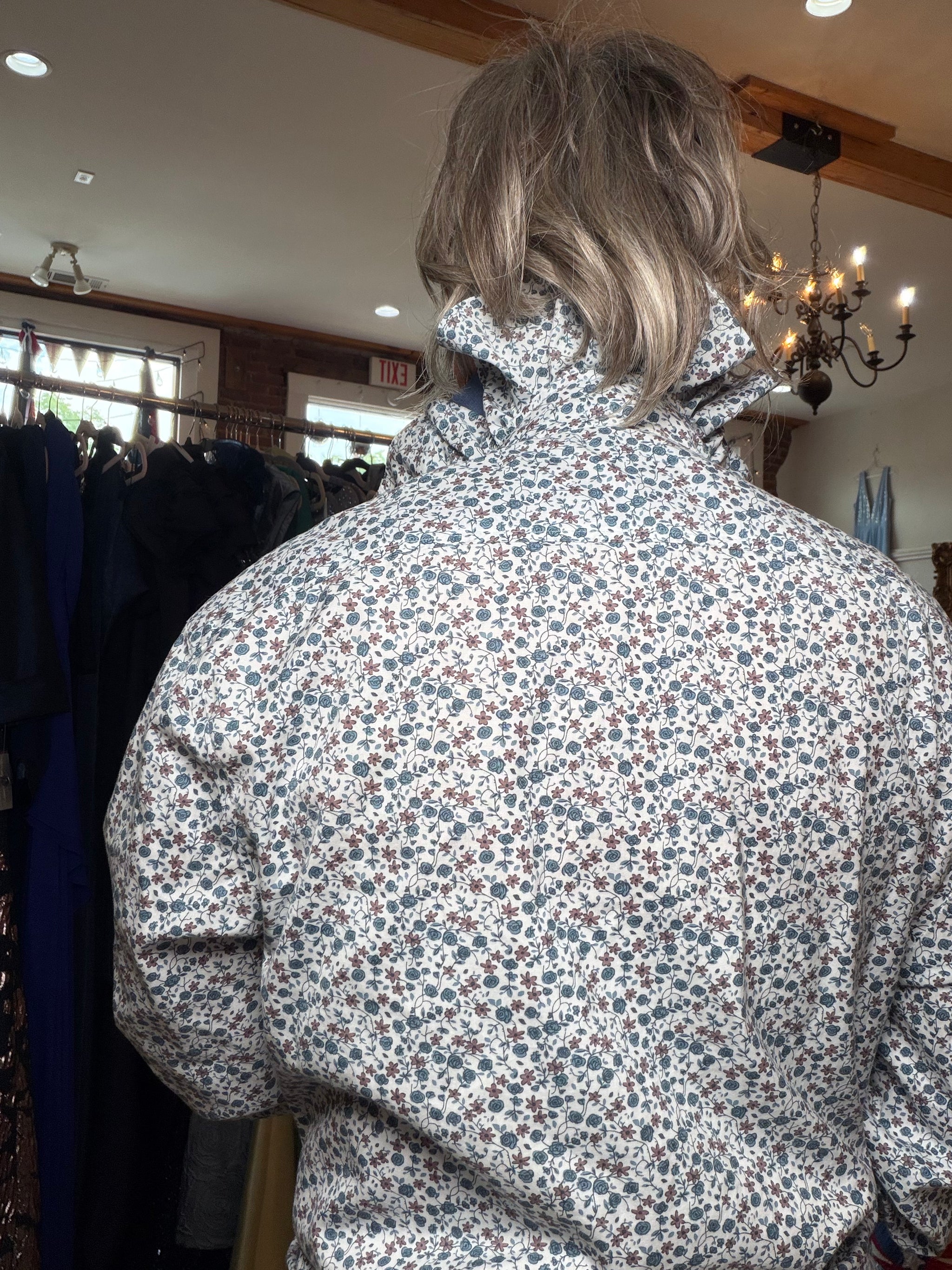 Reworked floral button-down with a soft, romantic print, a one of a kind upcycled piece from Dover Grace Boutique in Watkinsville, Georgia.
