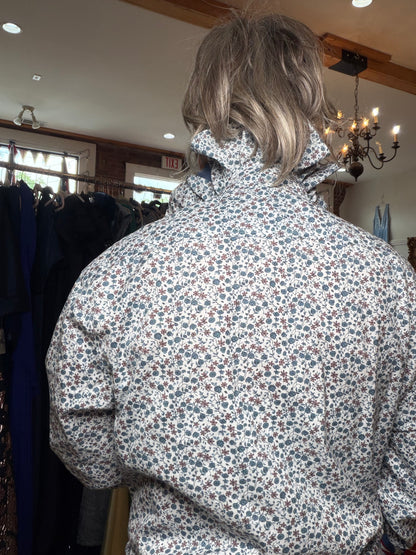 Reworked floral button-down with a soft, romantic print, a one of a kind upcycled piece from Dover Grace Boutique in Watkinsville, Georgia.