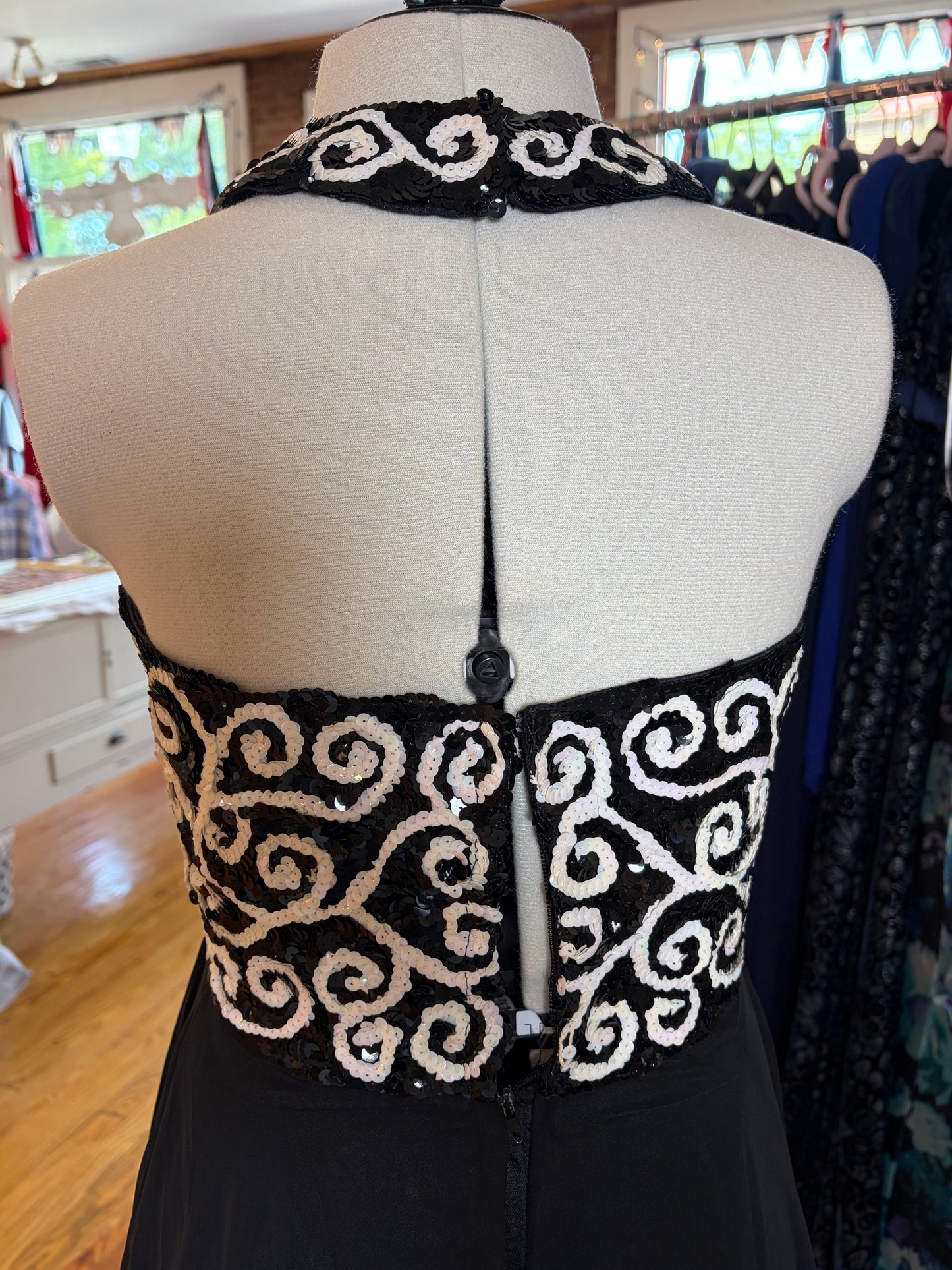 Timeless black and white vintage dress, a one of a kind curated piece from Dover Grace Boutique in Watkinsville, Georgia.