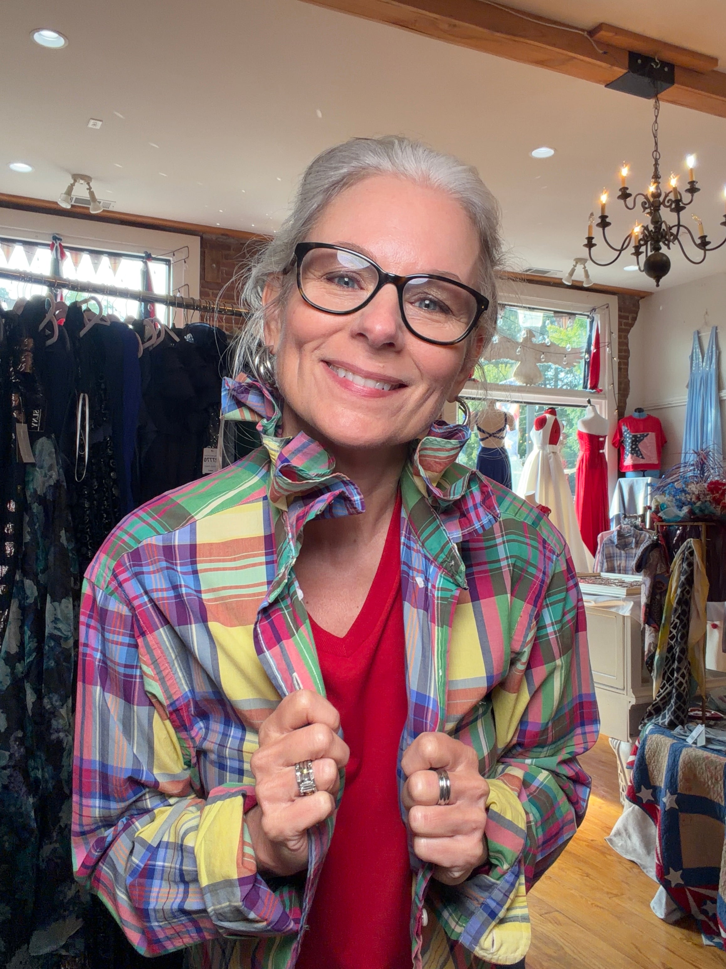 Reworked primary color plaid shirt, a one of a kind upcycled piece from Dover Grace Boutique in Watkinsville, Georgia.
