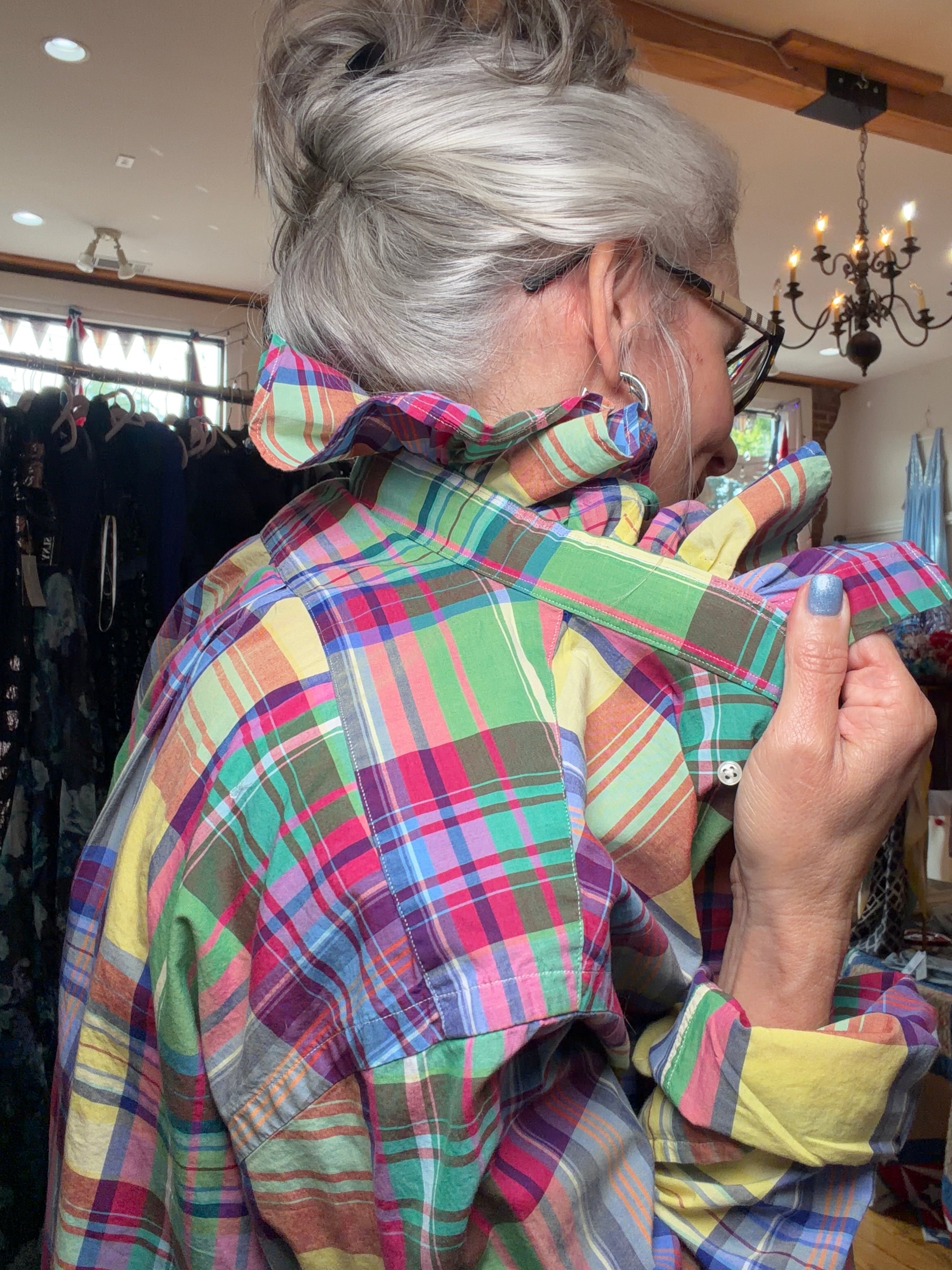 Reworked primary color plaid shirt, a one of a kind upcycled piece from Dover Grace Boutique in Watkinsville, Georgia.