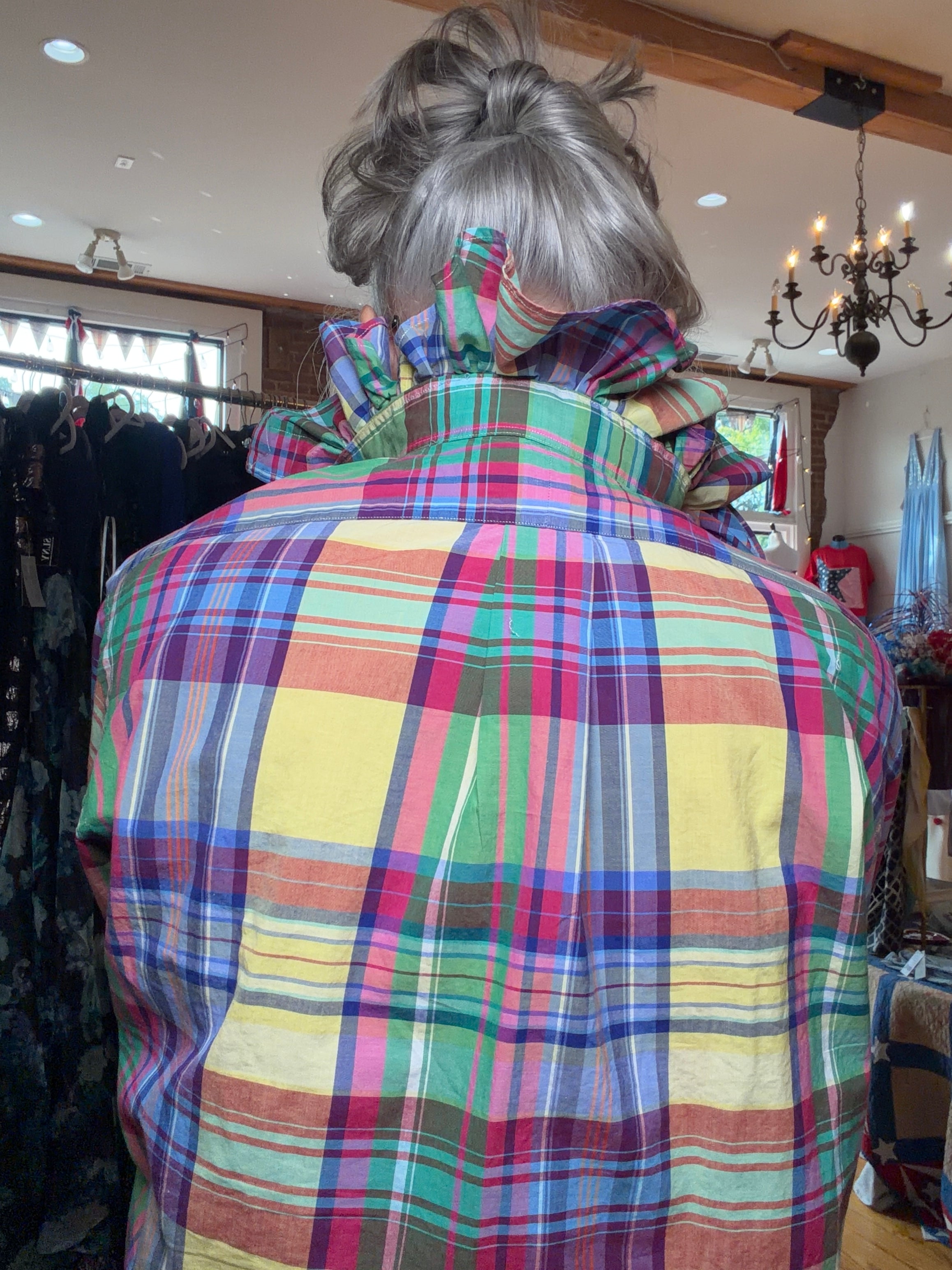 Upcycled bright primary color plaid shirt, reworked one of a kind, at Dover Grace Boutique in Watkinsville, Georgia.