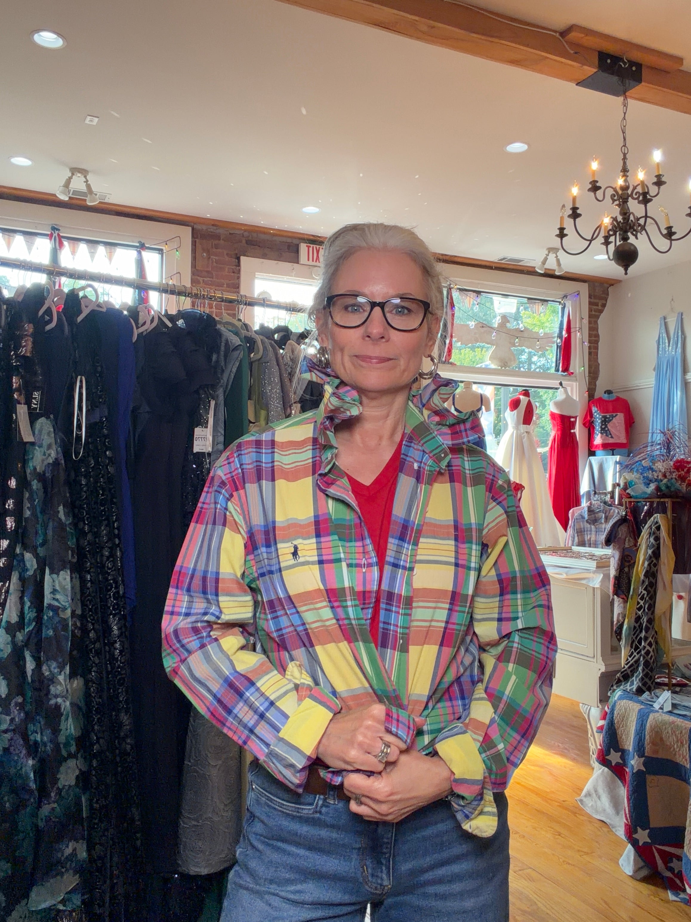 Upcycled bright primary color plaid shirt, reworked one of a kind, at Dover Grace Boutique in Watkinsville, Georgia.