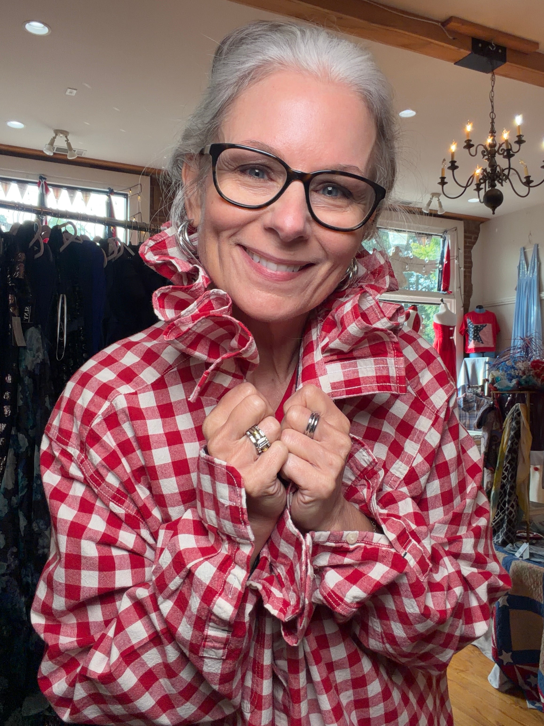Upcycled red and white shirt, reworked one of a kind, at Dover Grace Boutique in Watkinsville, Georgia.
