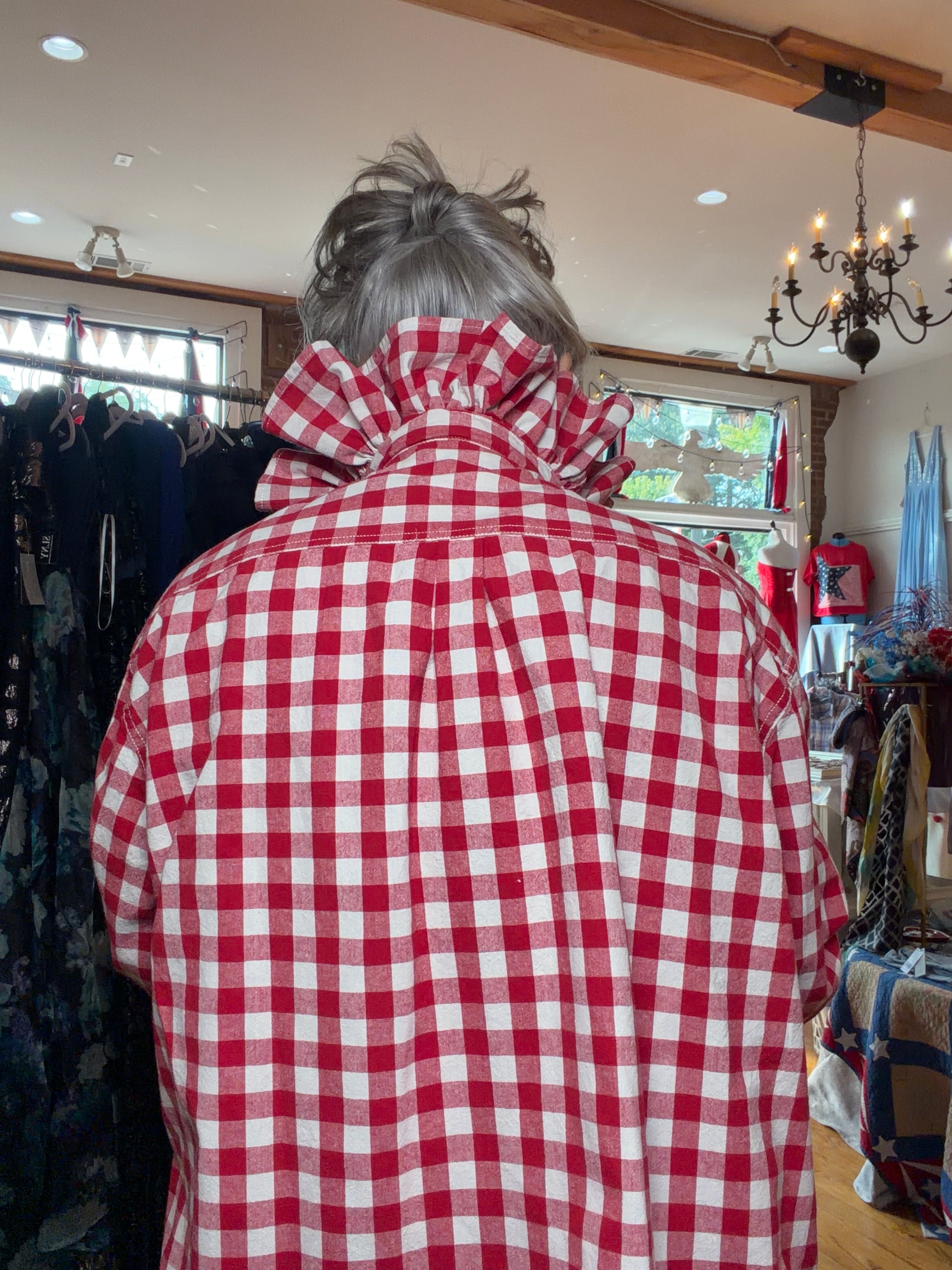 Upcycled red and white shirt, reworked one of a kind, at Dover Grace Boutique in Watkinsville, Georgia.