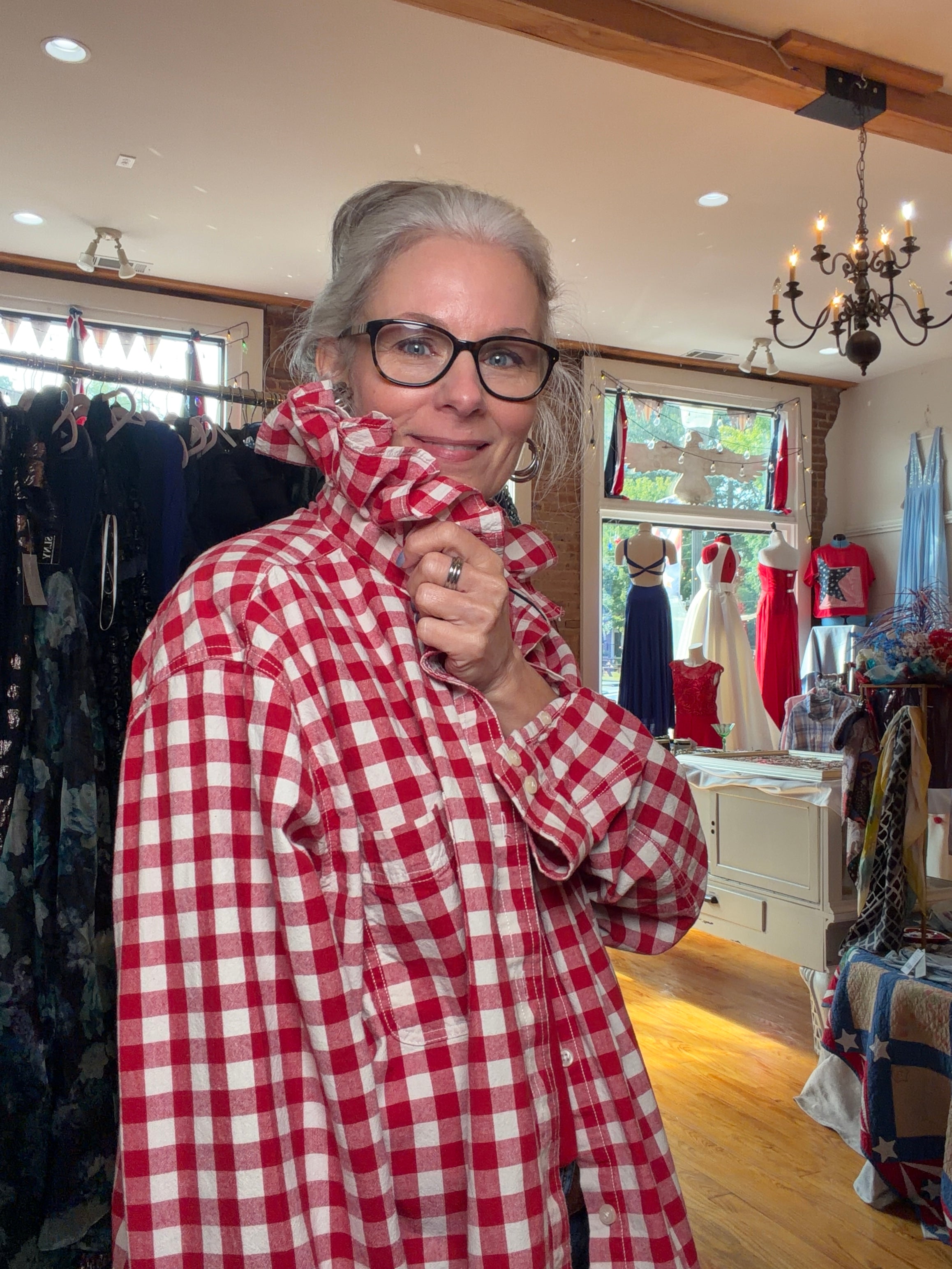 Reworked red and white shirt, a one of a kind upcycled piece from Dover Grace Boutique in Watkinsville, Georgia.