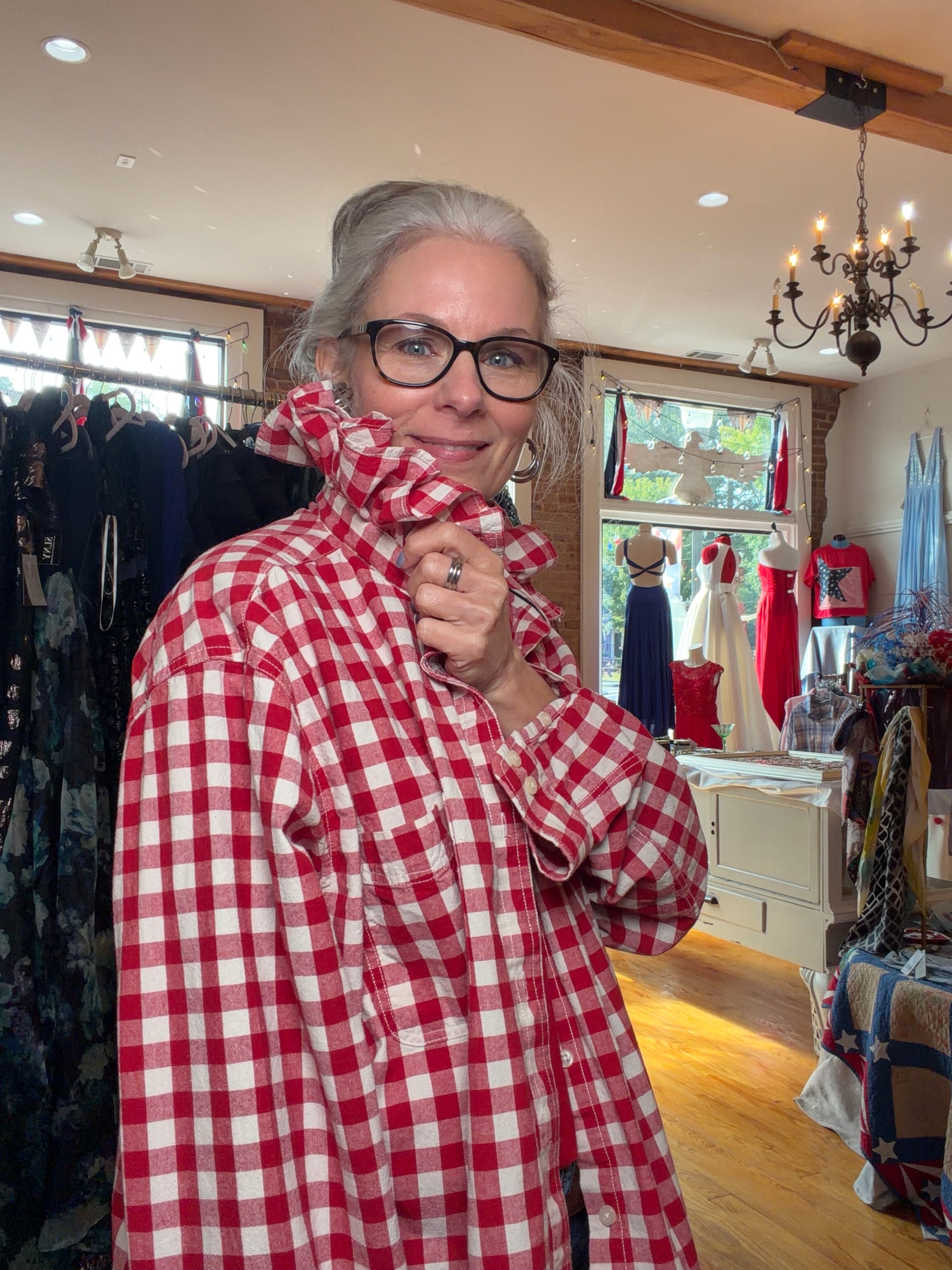 Reworked red and white shirt, a one of a kind upcycled piece from Dover Grace Boutique in Watkinsville, Georgia.