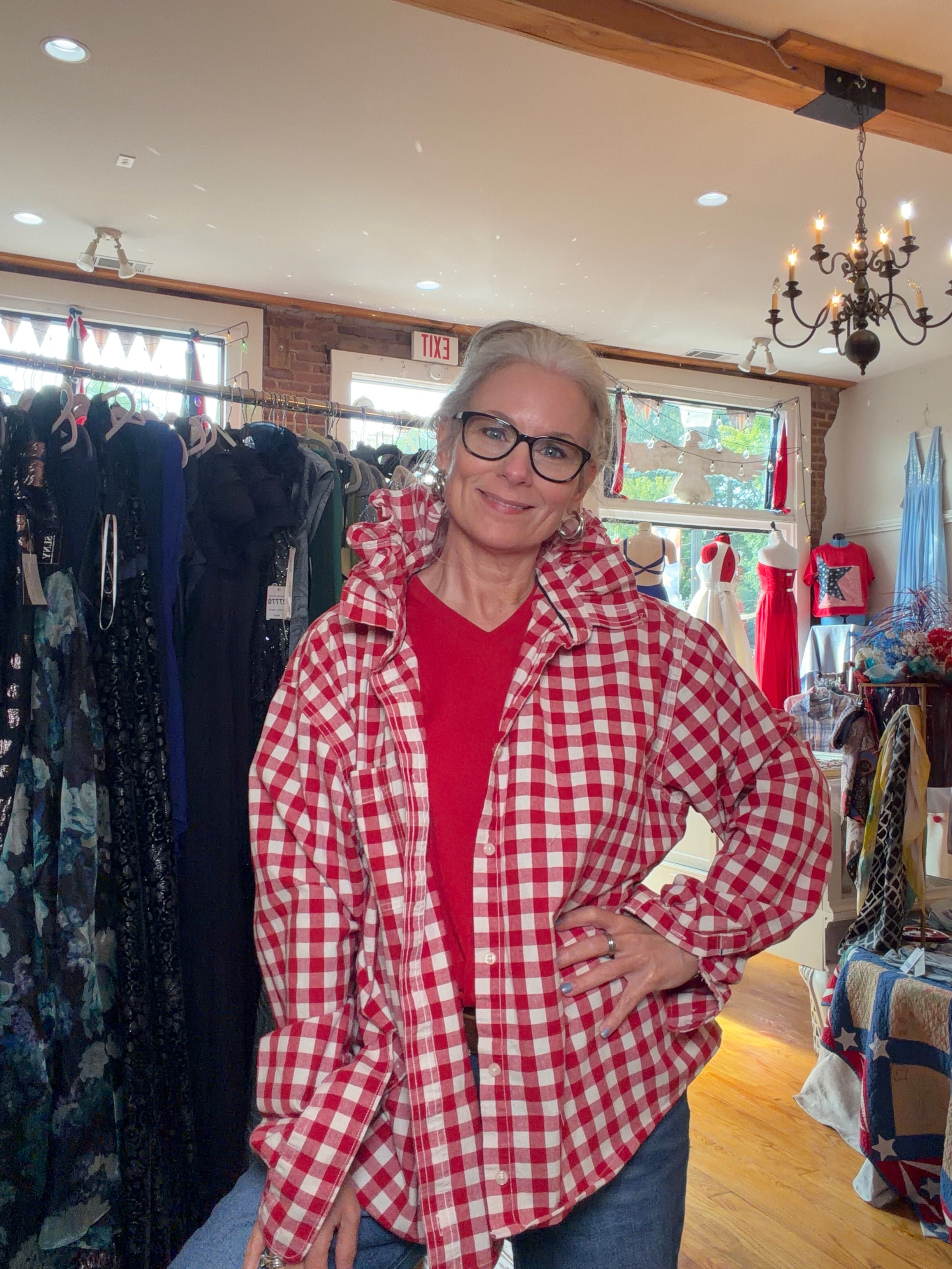 Reworked red and white shirt, a one of a kind upcycled piece from Dover Grace Boutique in Watkinsville, Georgia.