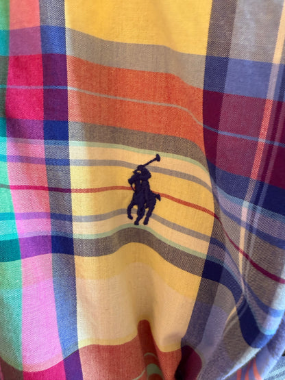 Upcycled bright primary color plaid shirt, reworked one of a kind, at Dover Grace Boutique in Watkinsville, Georgia.