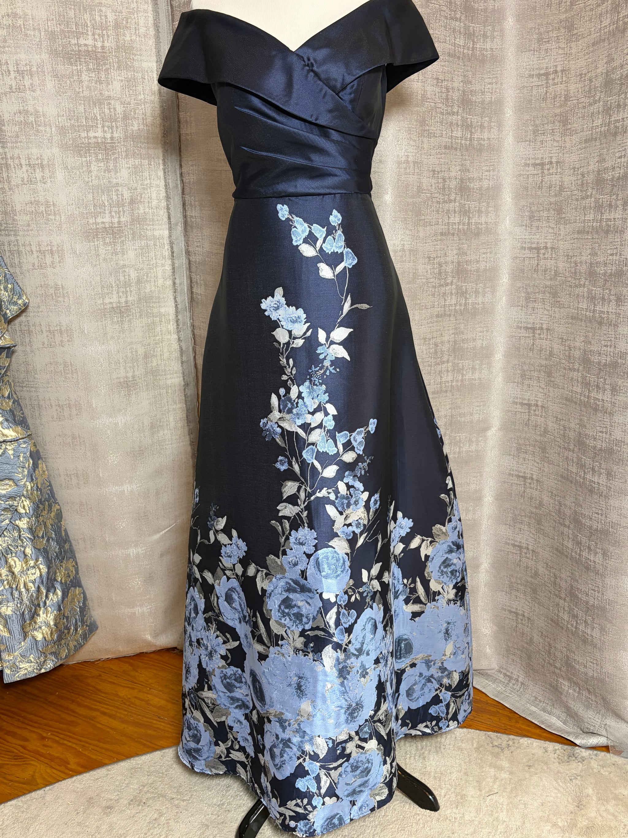Alex Evenings V-Neck Off-Shoulder A-Line Gown, Navy Floral, Size 10