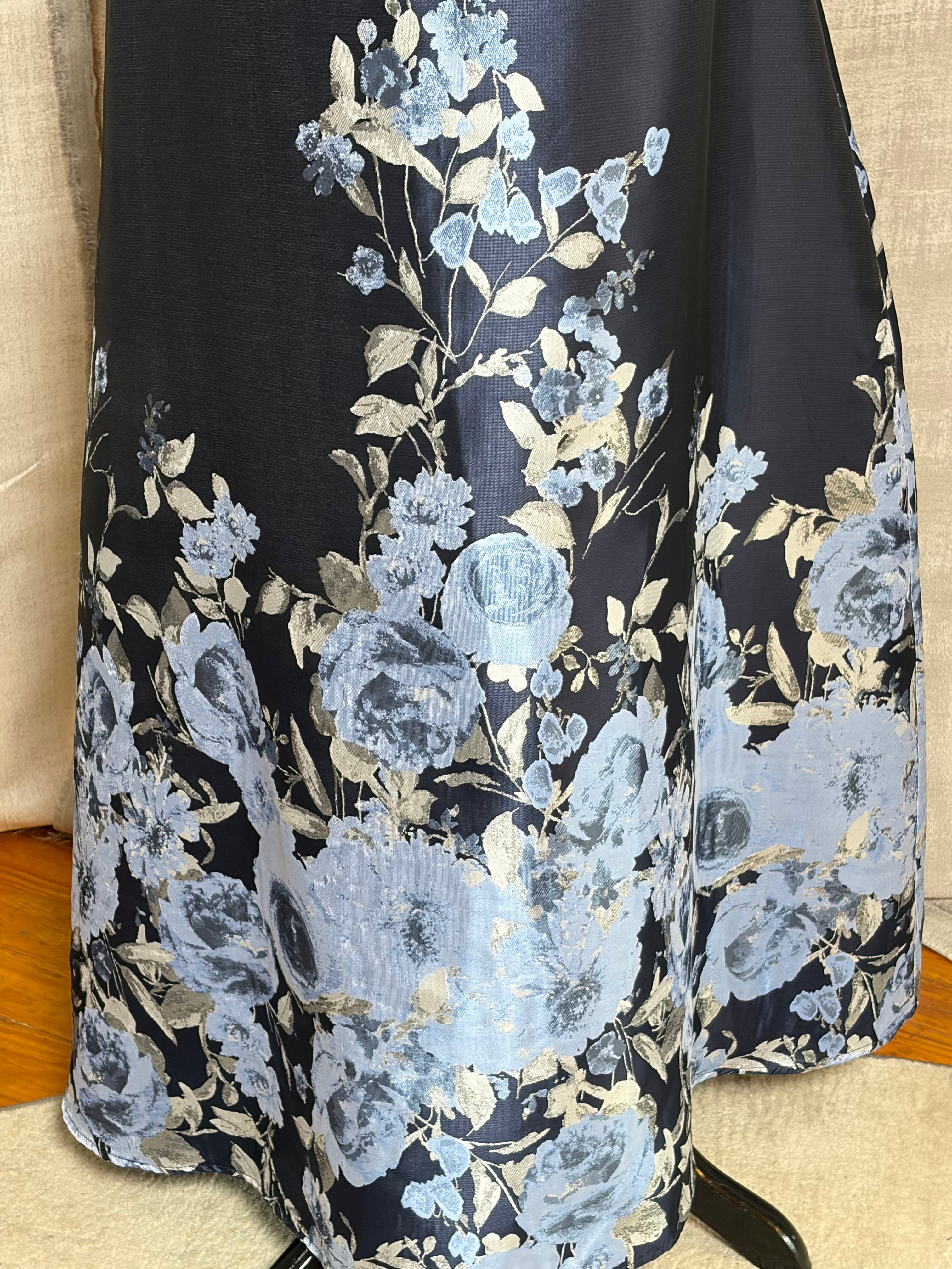 Alex Evenings V-Neck Off-Shoulder A-Line Gown, Navy Floral, Size 10