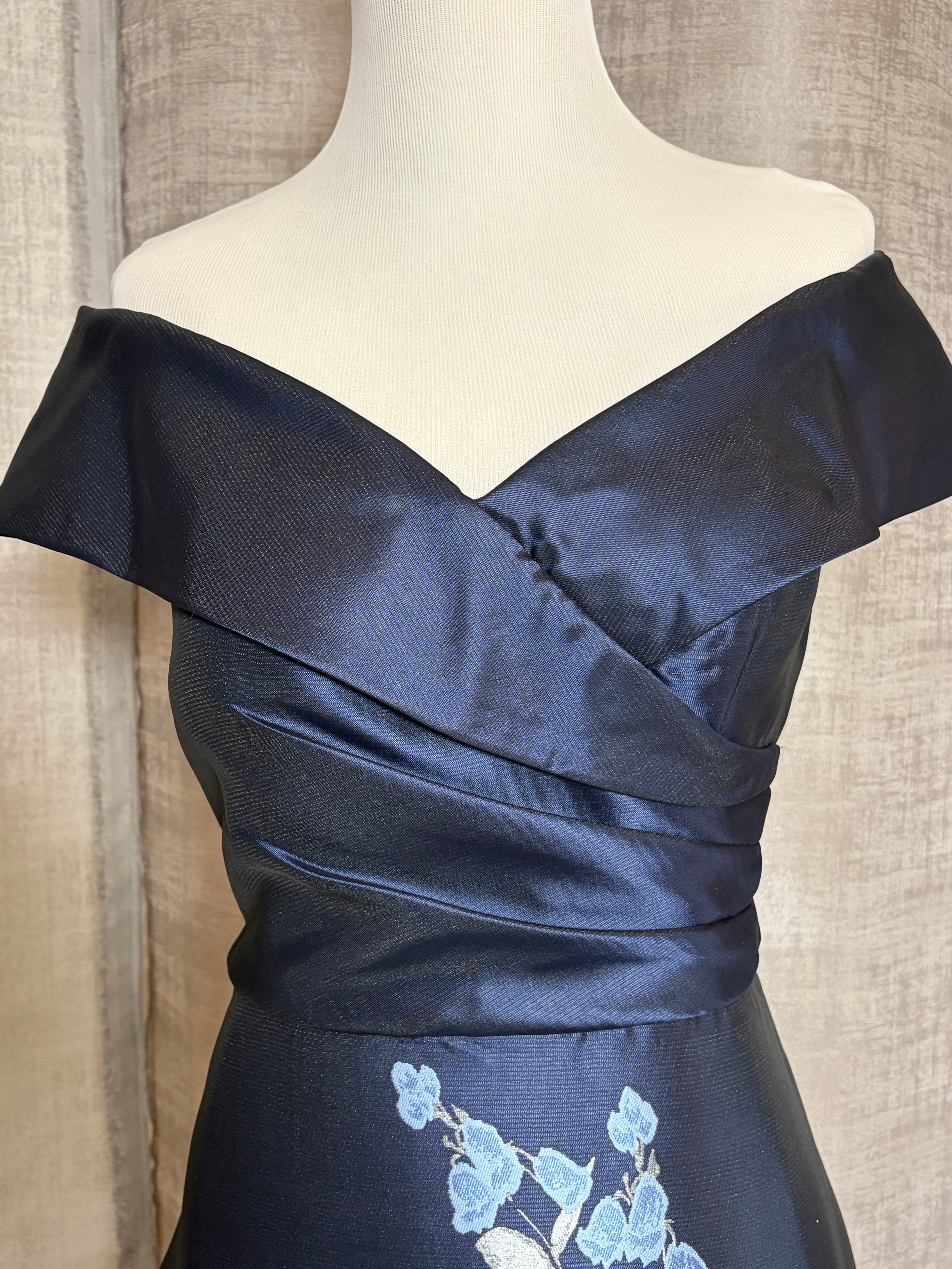 Alex Evenings V-Neck Off-Shoulder A-Line Gown, Navy Floral, Size 10