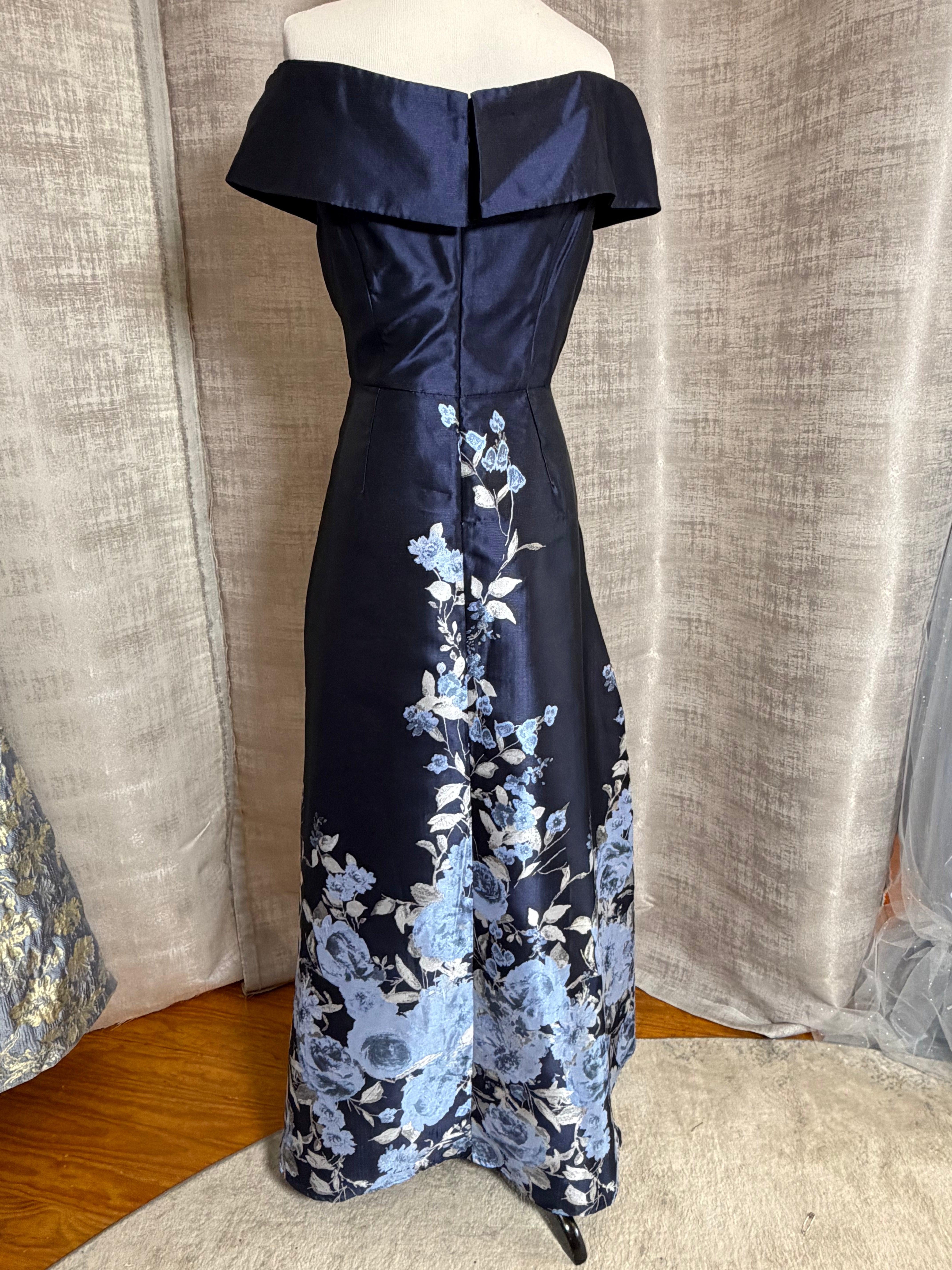 Alex Evenings V-Neck Off-Shoulder A-Line Gown, Navy Floral, Size 10