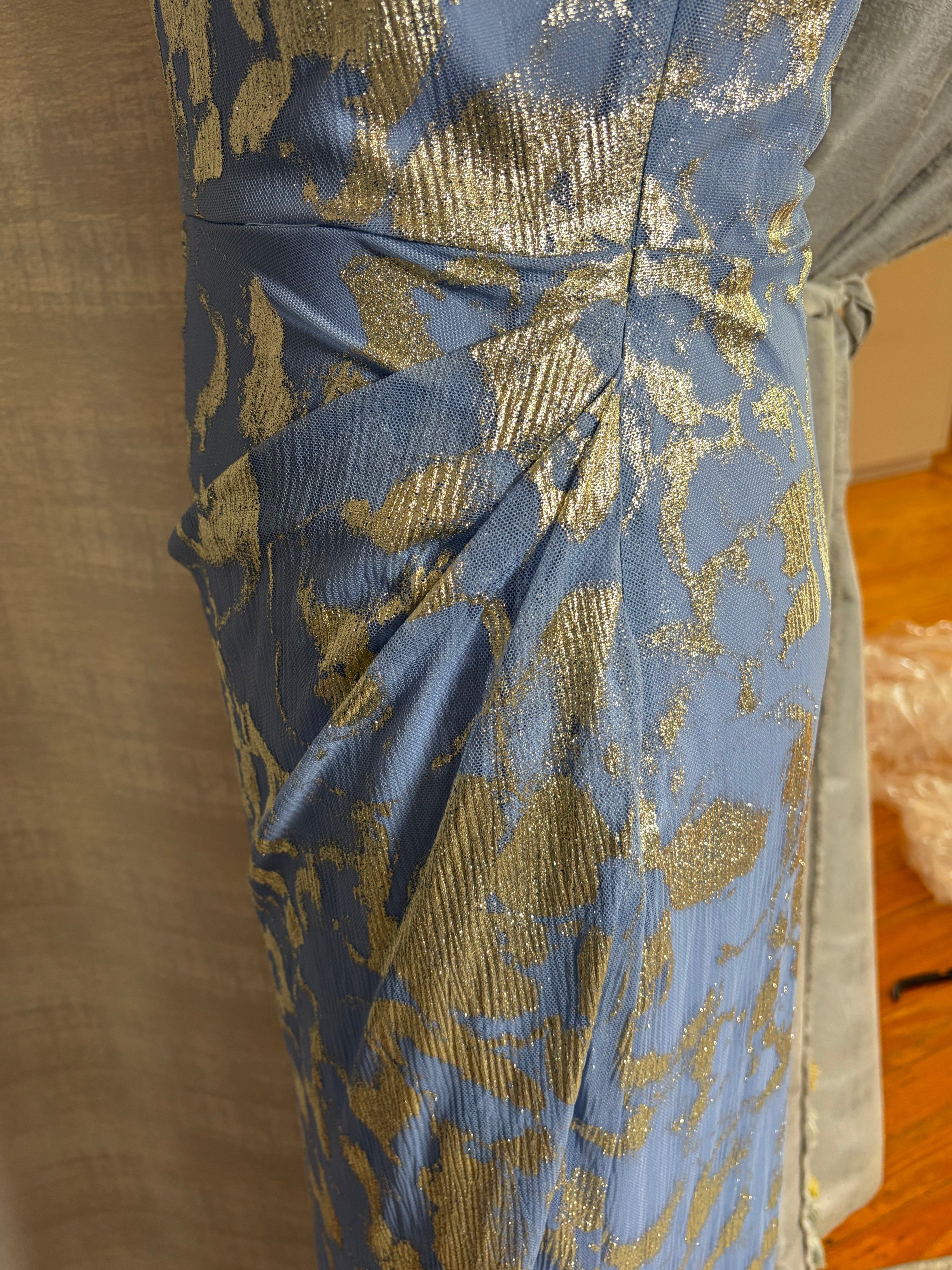 Betsy & Adam A27195 Metallic Draped Gown – Light Blue/Gold, Size 6