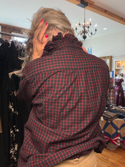 Upcycled Chaps Shirt | Red & Black Windowpane Plaid with Ruffled Collar | Size M