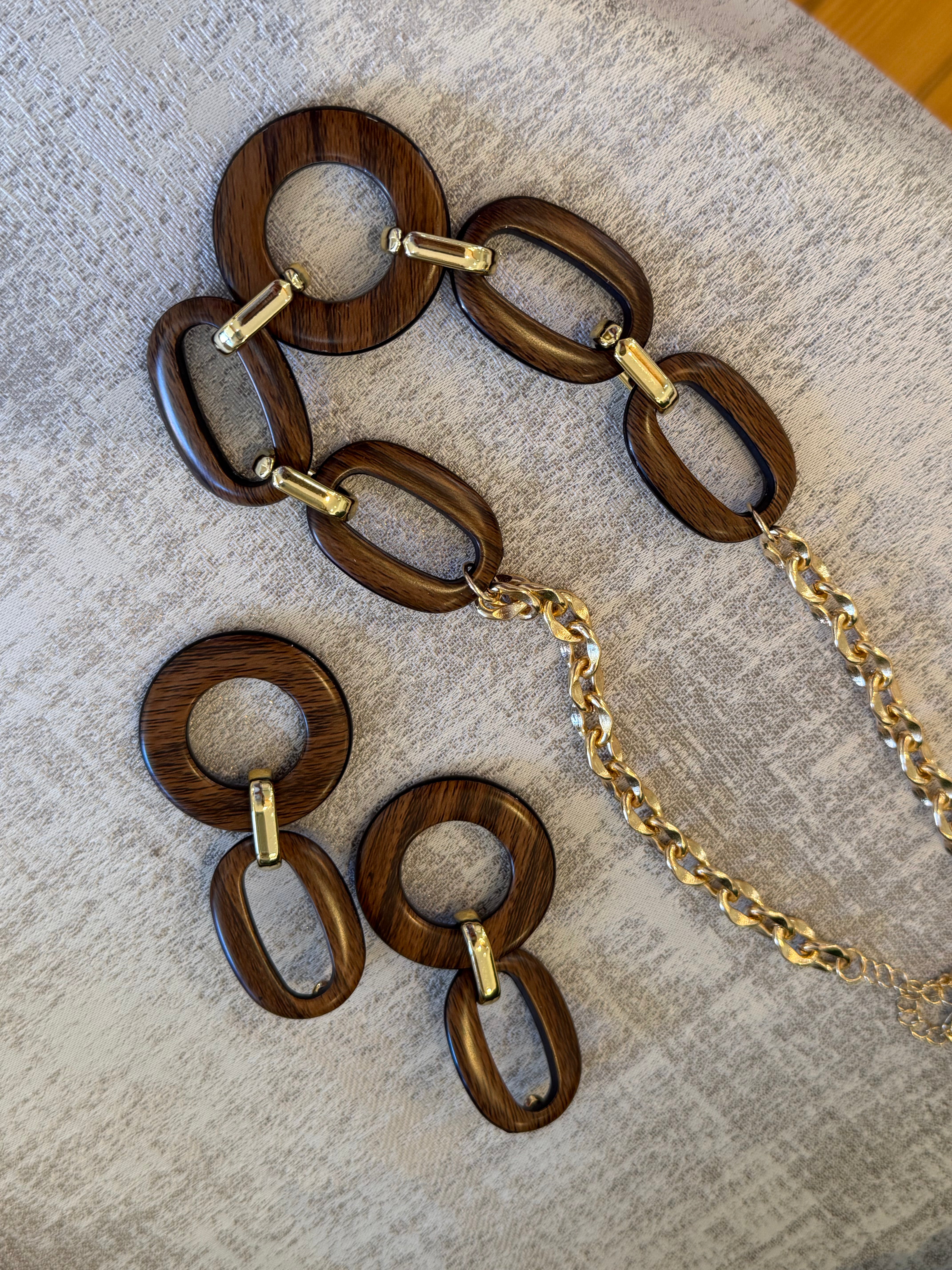 Wooden and Gold necklace and earrings