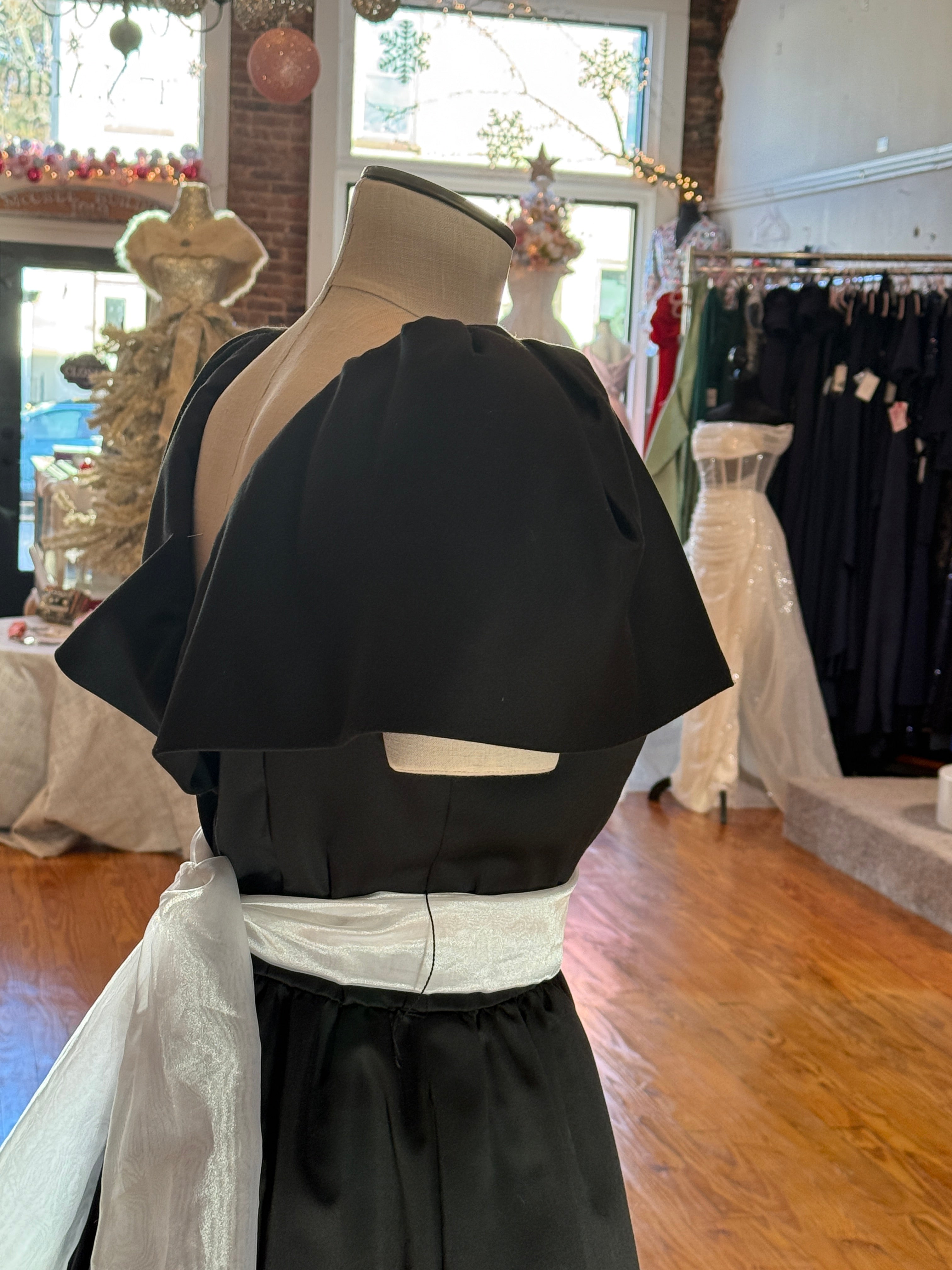 Vintage Victor Costa Black Cocktail Dress with Bubble Sleeves & Sash Belt