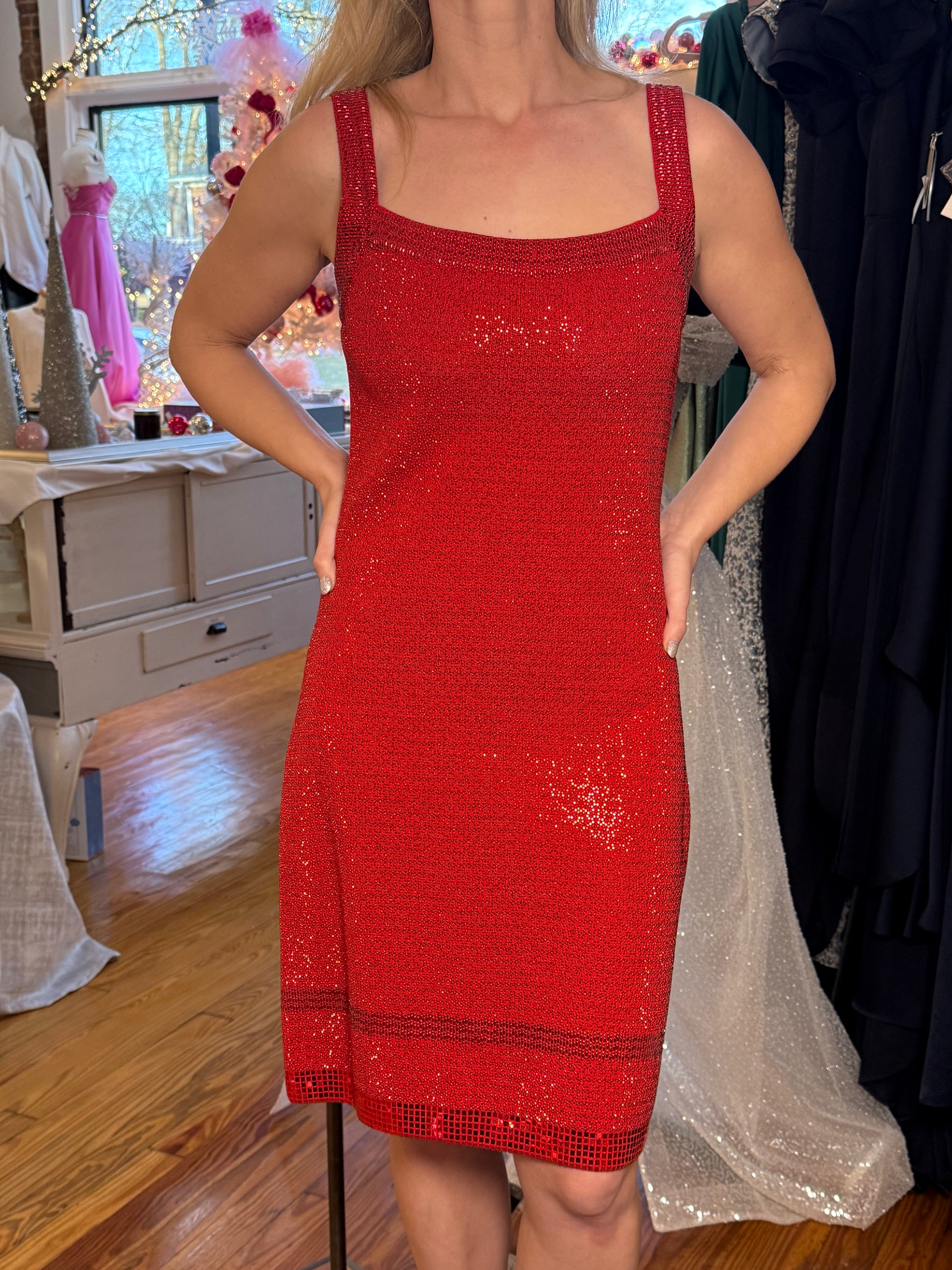 Vintage St. John Knit Red Paillette Cocktail Dress with Square Neckline