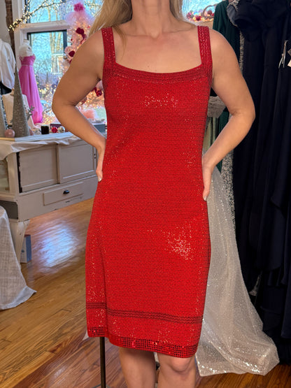Vintage St. John Knit Red Paillette Cocktail Dress with Square Neckline