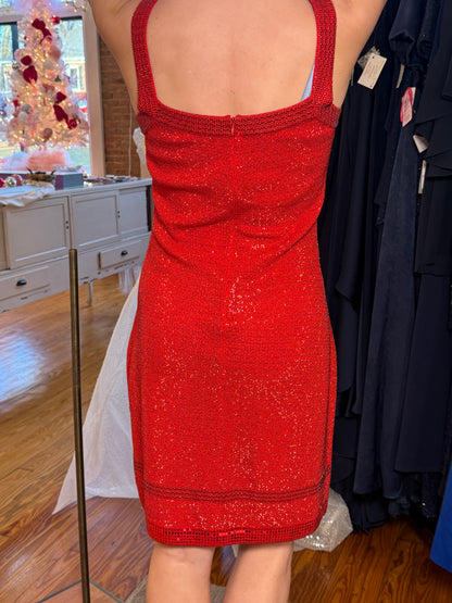 Vintage St. John Knit Red Paillette Cocktail Dress with Square Neckline
