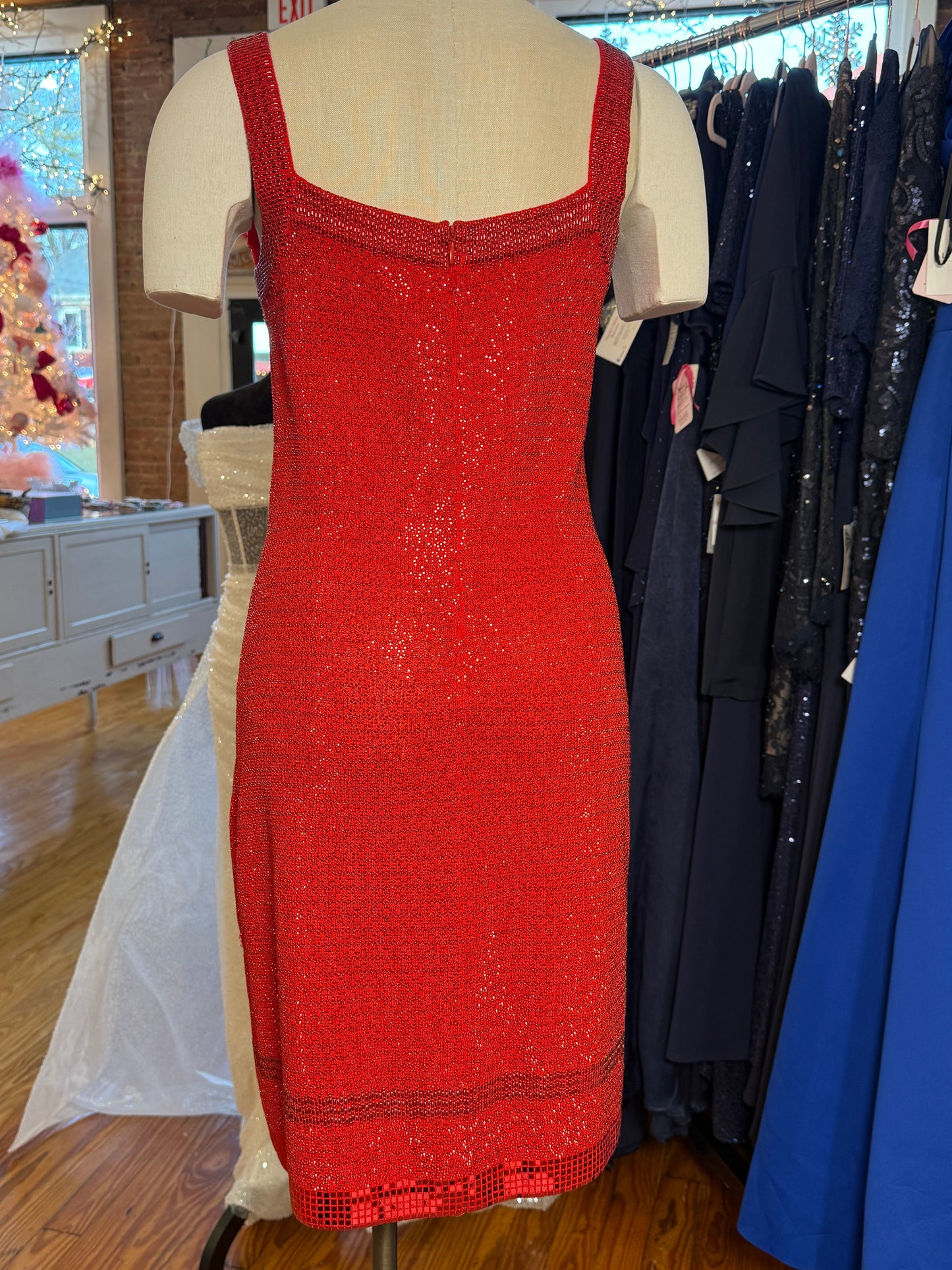 Vintage St. John Knit Red Paillette Cocktail Dress with Square Neckline