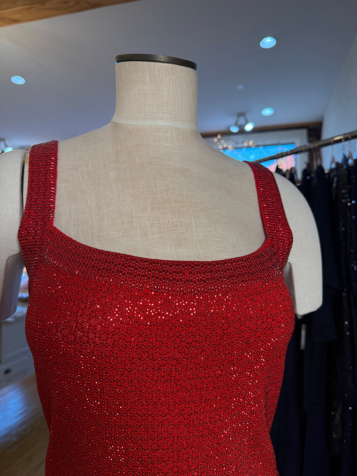 Vintage St. John Knit Red Paillette Cocktail Dress with Square Neckline