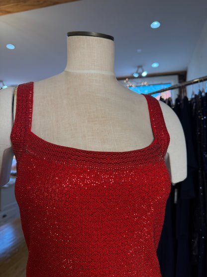 Vintage St. John Knit Red Paillette Cocktail Dress with Square Neckline