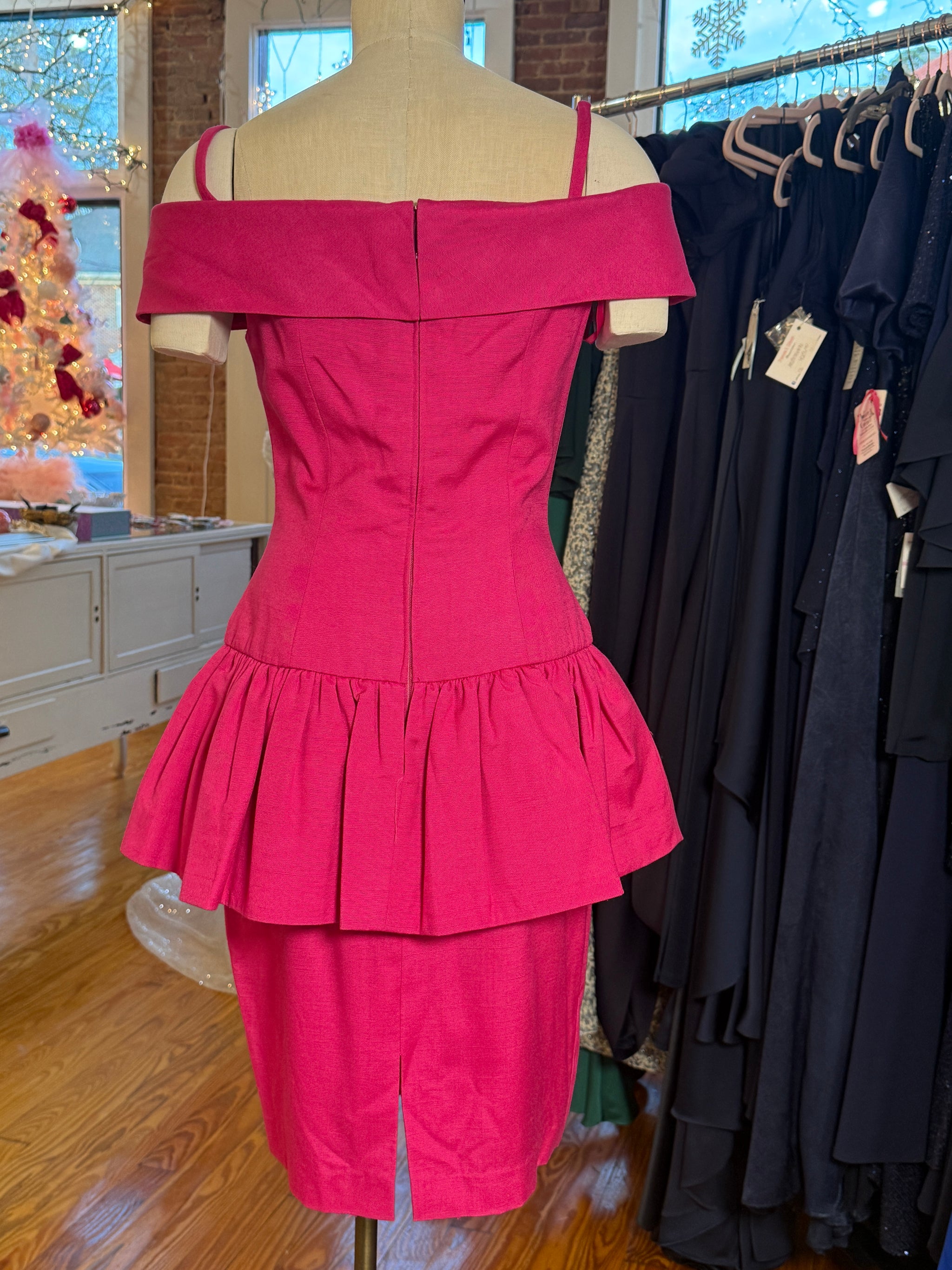 Vintage Lillie Rubin Hot Pink Off-Shoulder Peplum Dress with Boning & Original Brooch