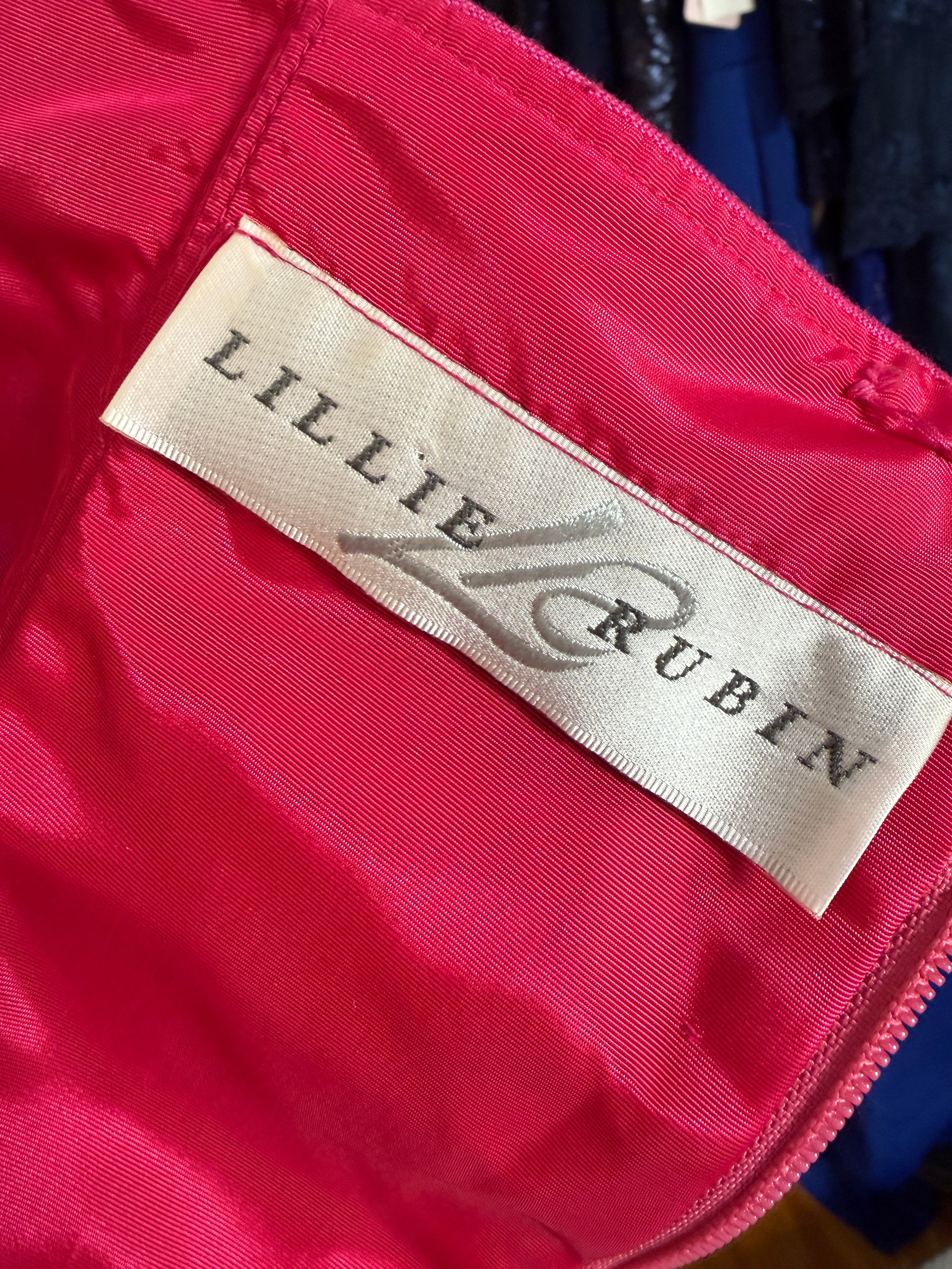 Vintage Lillie Rubin Hot Pink Off-Shoulder Peplum Dress with Boning & Original Brooch