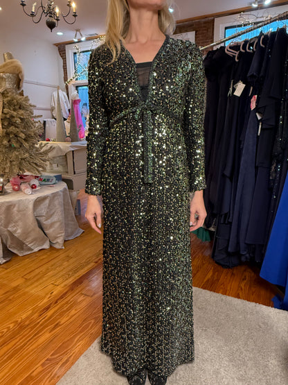1960s Vintage Fred Perlberg Black & Silver Sequin Empire Waist Gown - Size 4