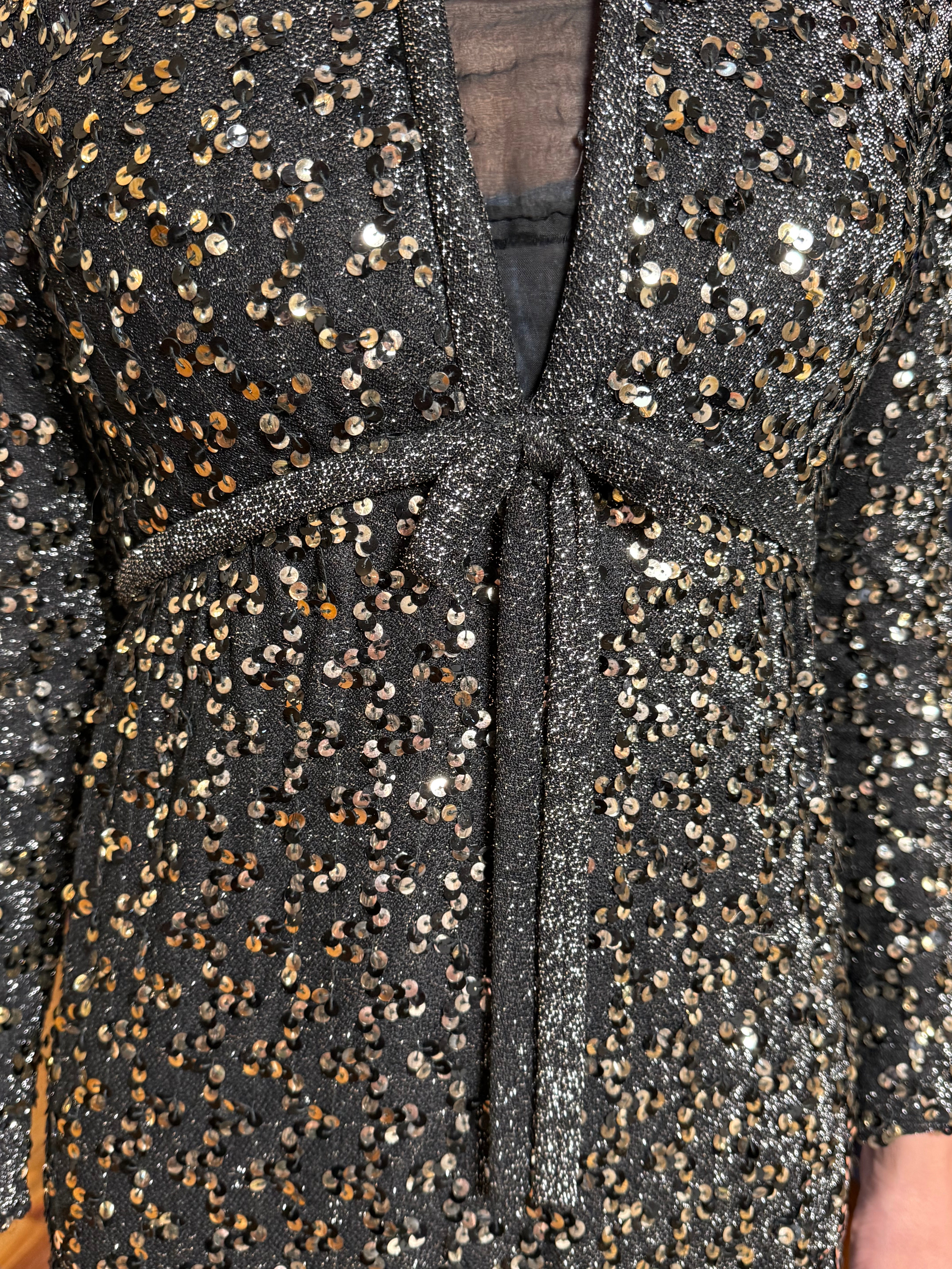 1960s Vintage Fred Perlberg Black & Silver Sequin Empire Waist Gown - Size 4
