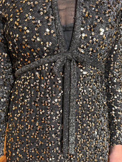 1960s Vintage Fred Perlberg Black & Silver Sequin Empire Waist Gown - Size 4